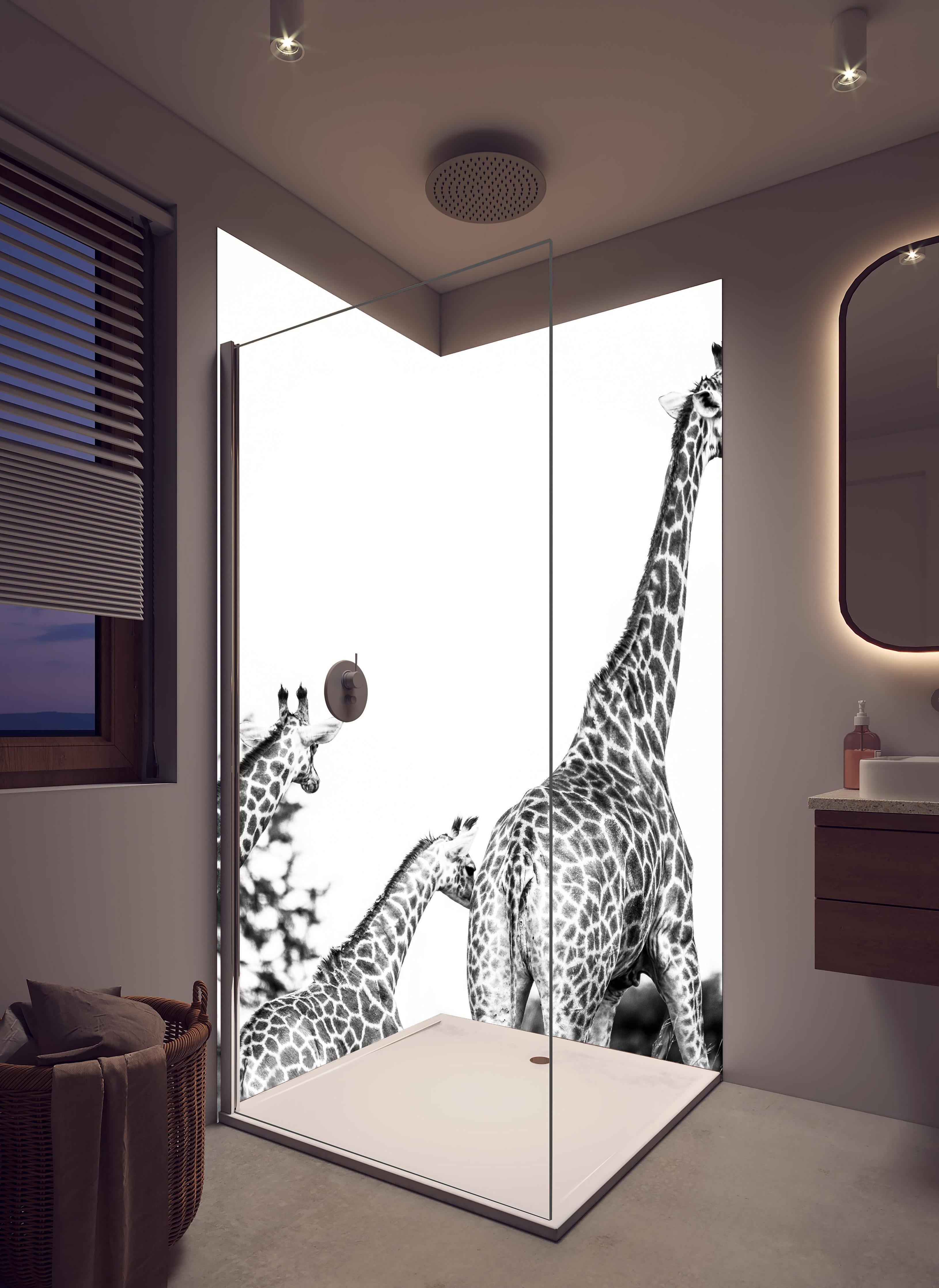 Duschrückwand - Giraffen Familie - schwarz-weiß in hellem Badezimmer mit Regenduschkopf - zweiteilige Eck-Duschrückwand