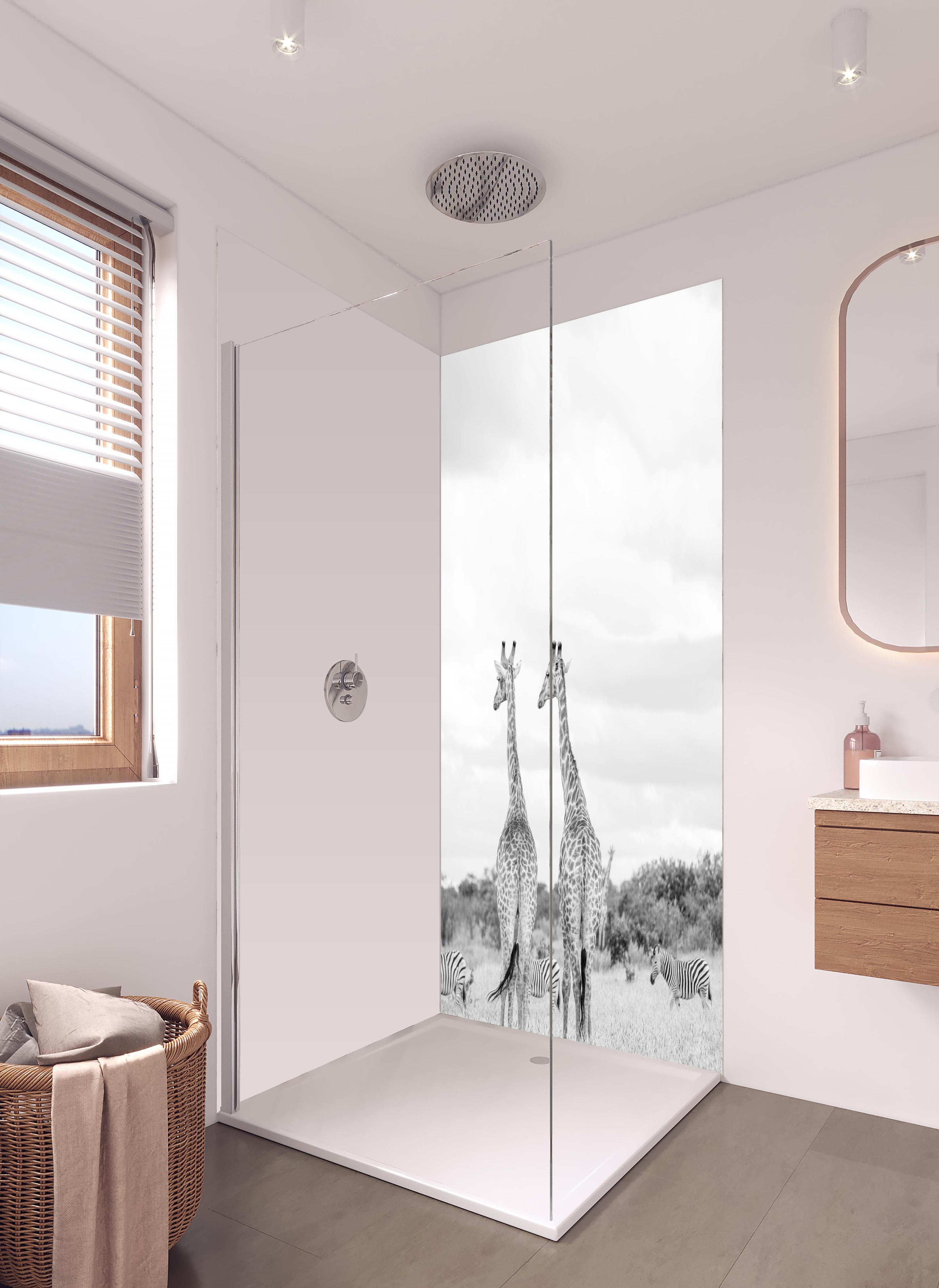 Duschrückwand - Giraffen und Zebras - schwarz-weiß in hellem Badezimmer mit Regenduschkopf - zweiteilige Eck-Duschrückwand