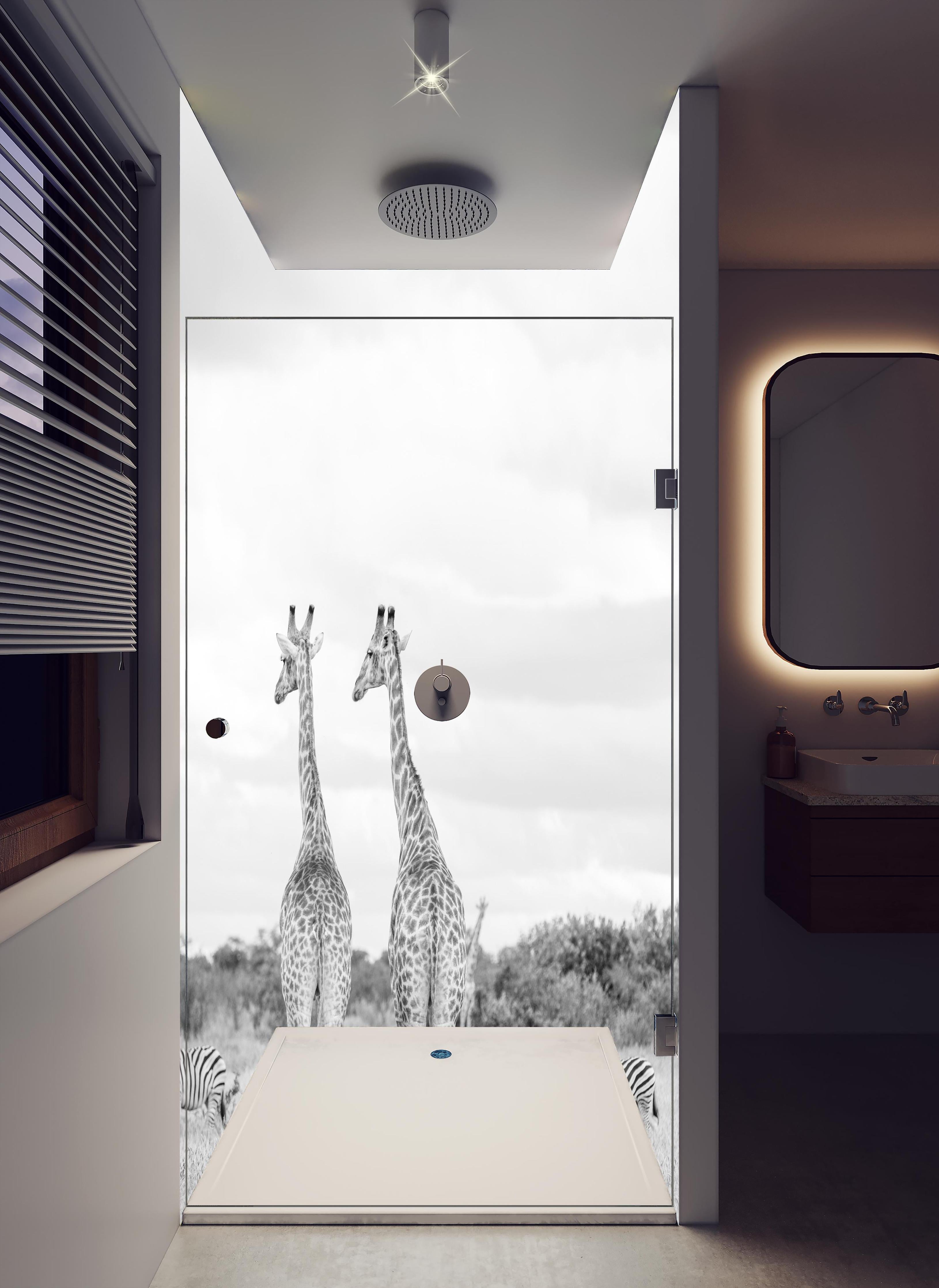 Duschrückwand - Giraffen und Zebras - schwarz-weiß in hellem Badezimmer mit Regenduschkopf - zweiteilige Eck-Duschrückwand