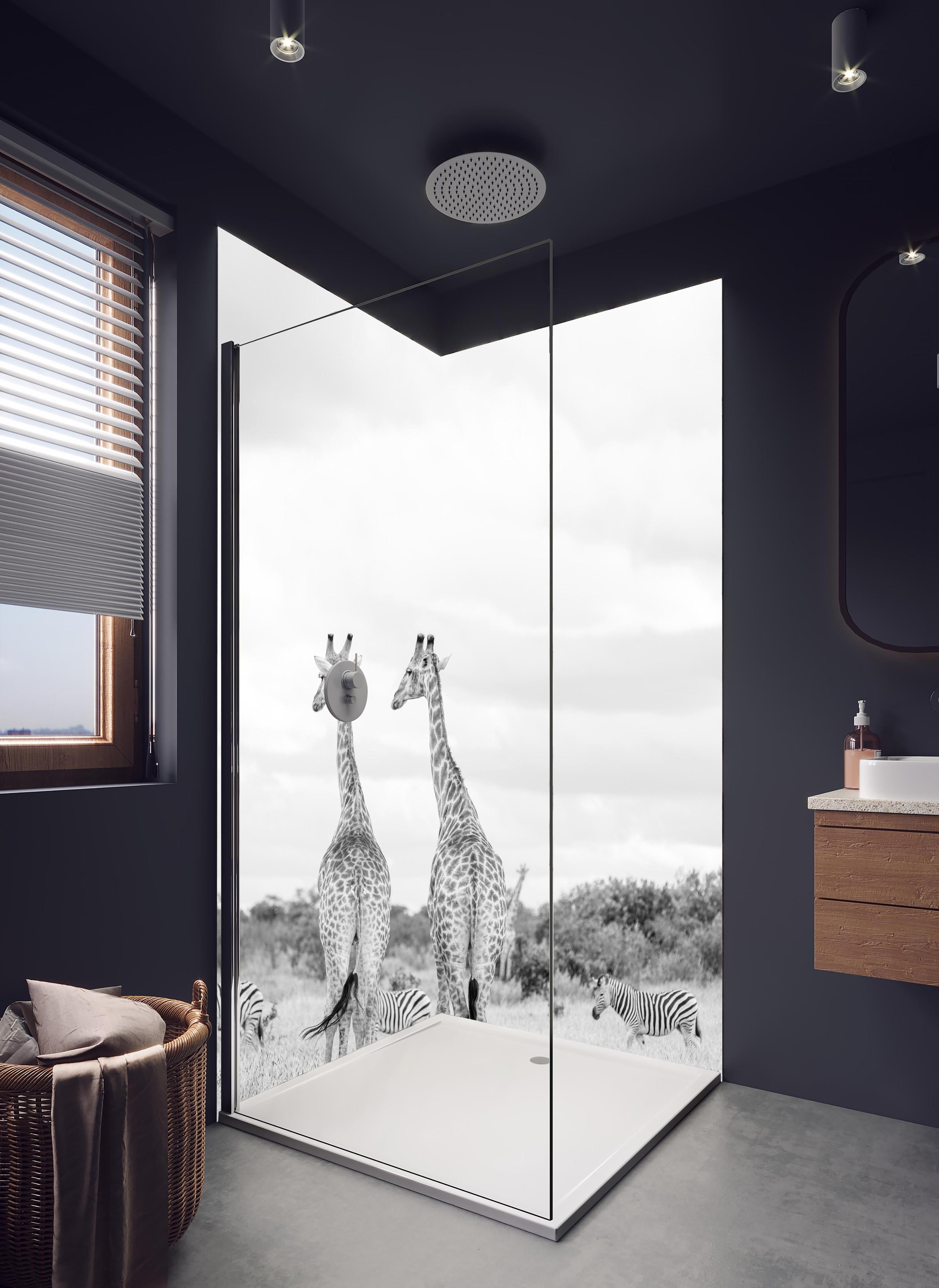 Duschrückwand - Giraffen und Zebras - schwarz-weiß in hellem Badezimmer mit Regenduschkopf - zweiteilige Eck-Duschrückwand