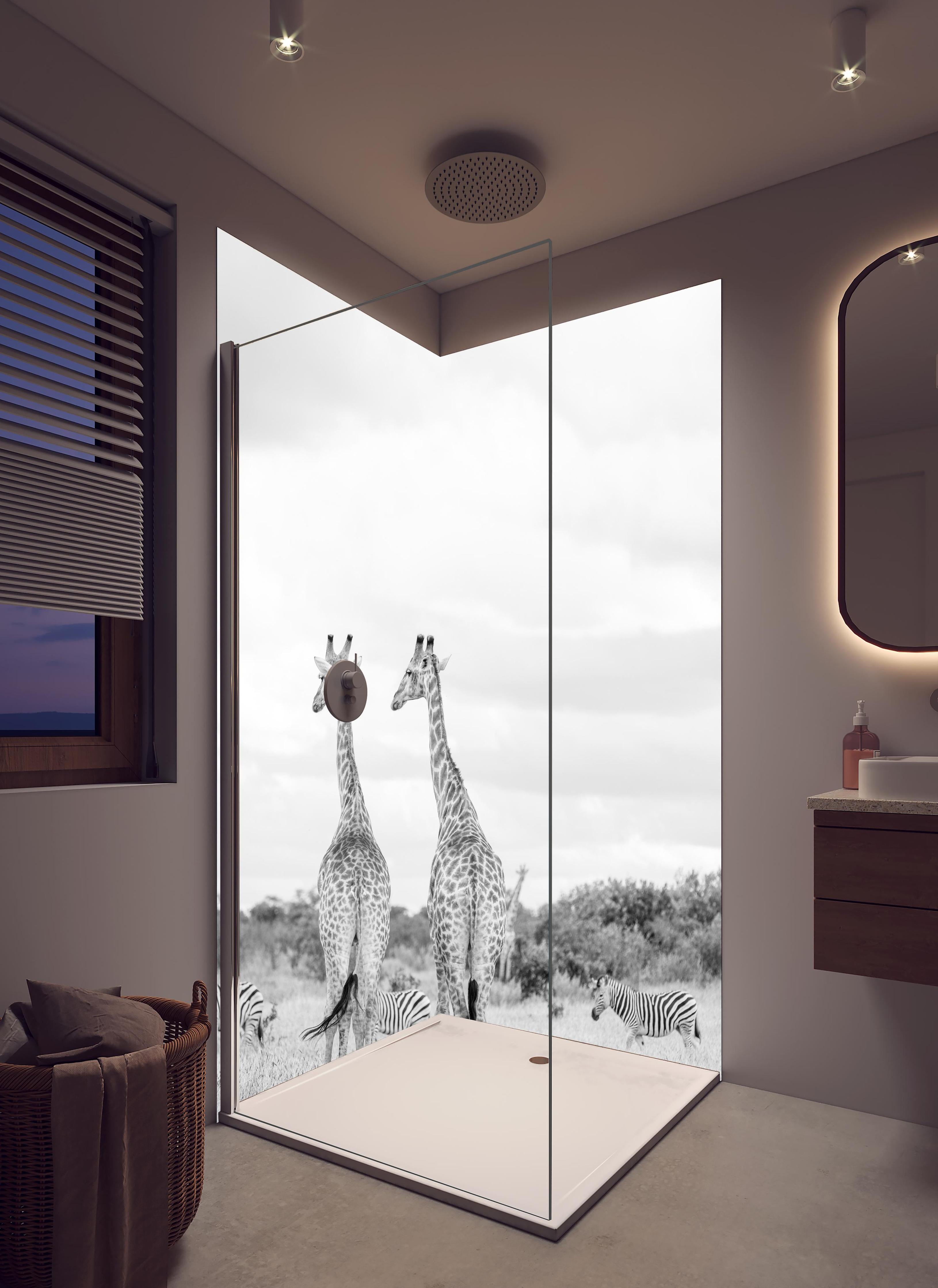 Duschrückwand - Giraffen und Zebras - schwarz-weiß in hellem Badezimmer mit Regenduschkopf - zweiteilige Eck-Duschrückwand