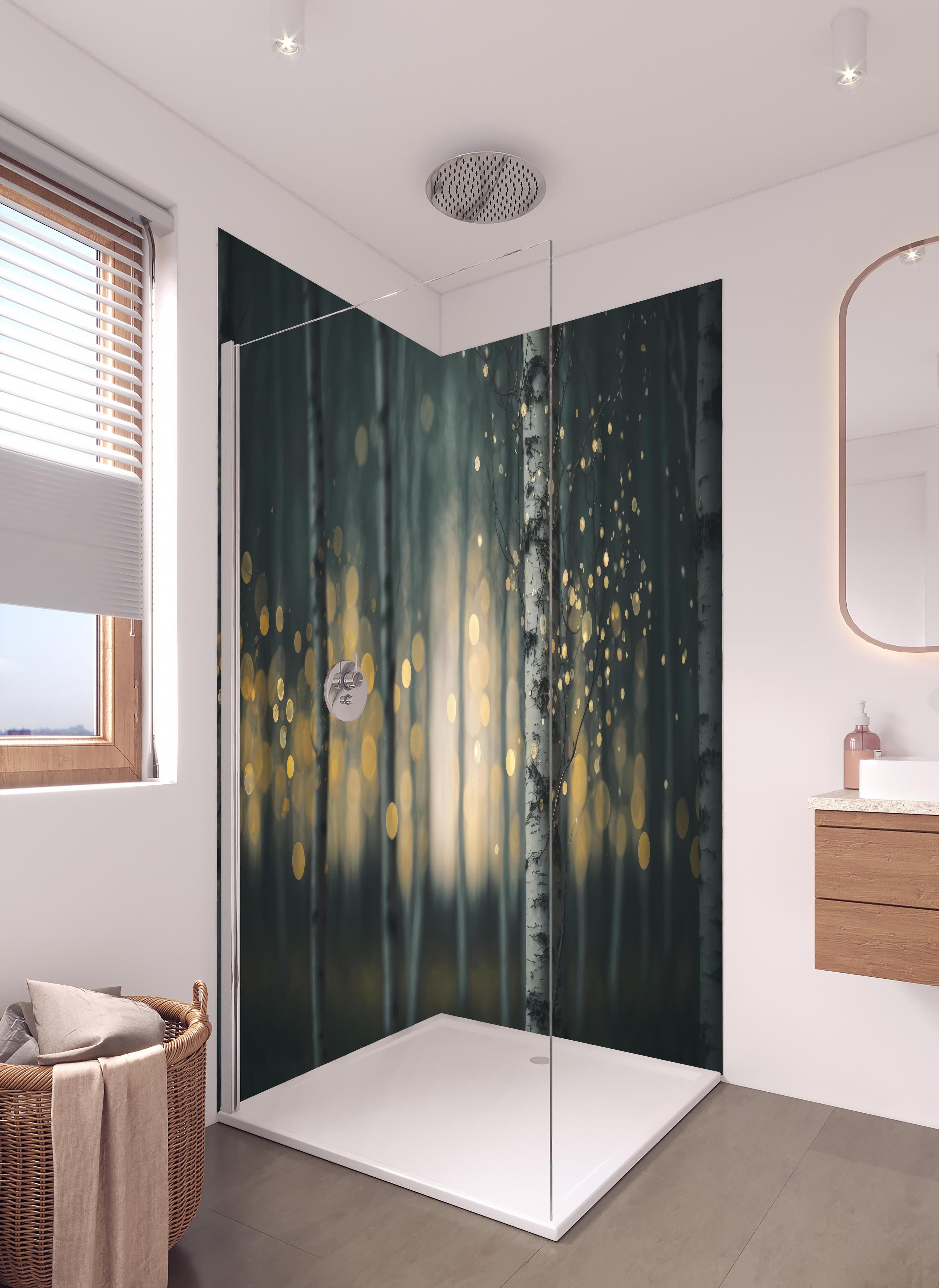 Duschrückwand - Glühender Magischer Wald in hellem Badezimmer mit Regenduschkopf - zweiteilige Eck-Duschrückwand