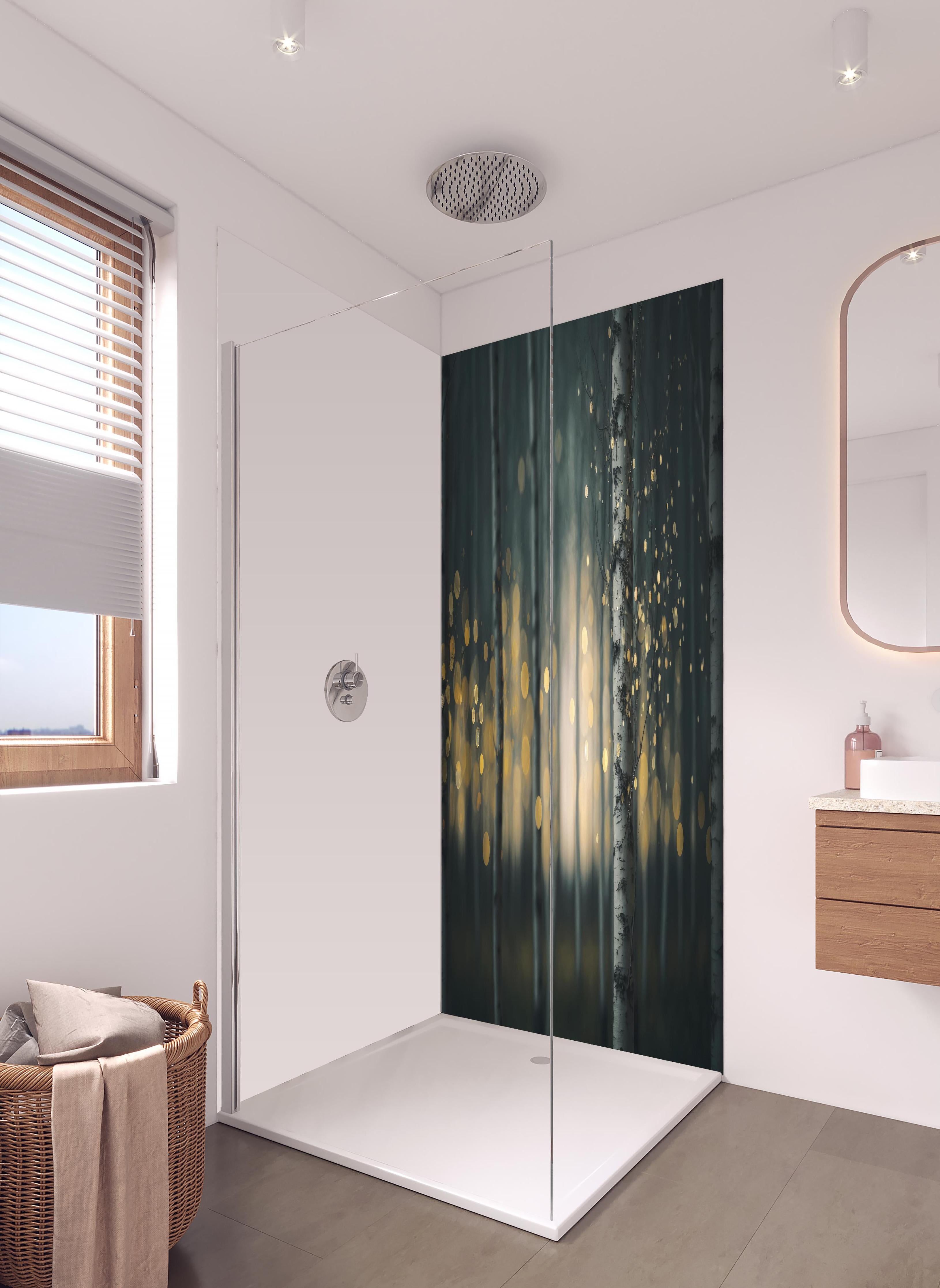 Duschrückwand - Glühender Magischer Wald in hellem Badezimmer mit Regenduschkopf - zweiteilige Eck-Duschrückwand