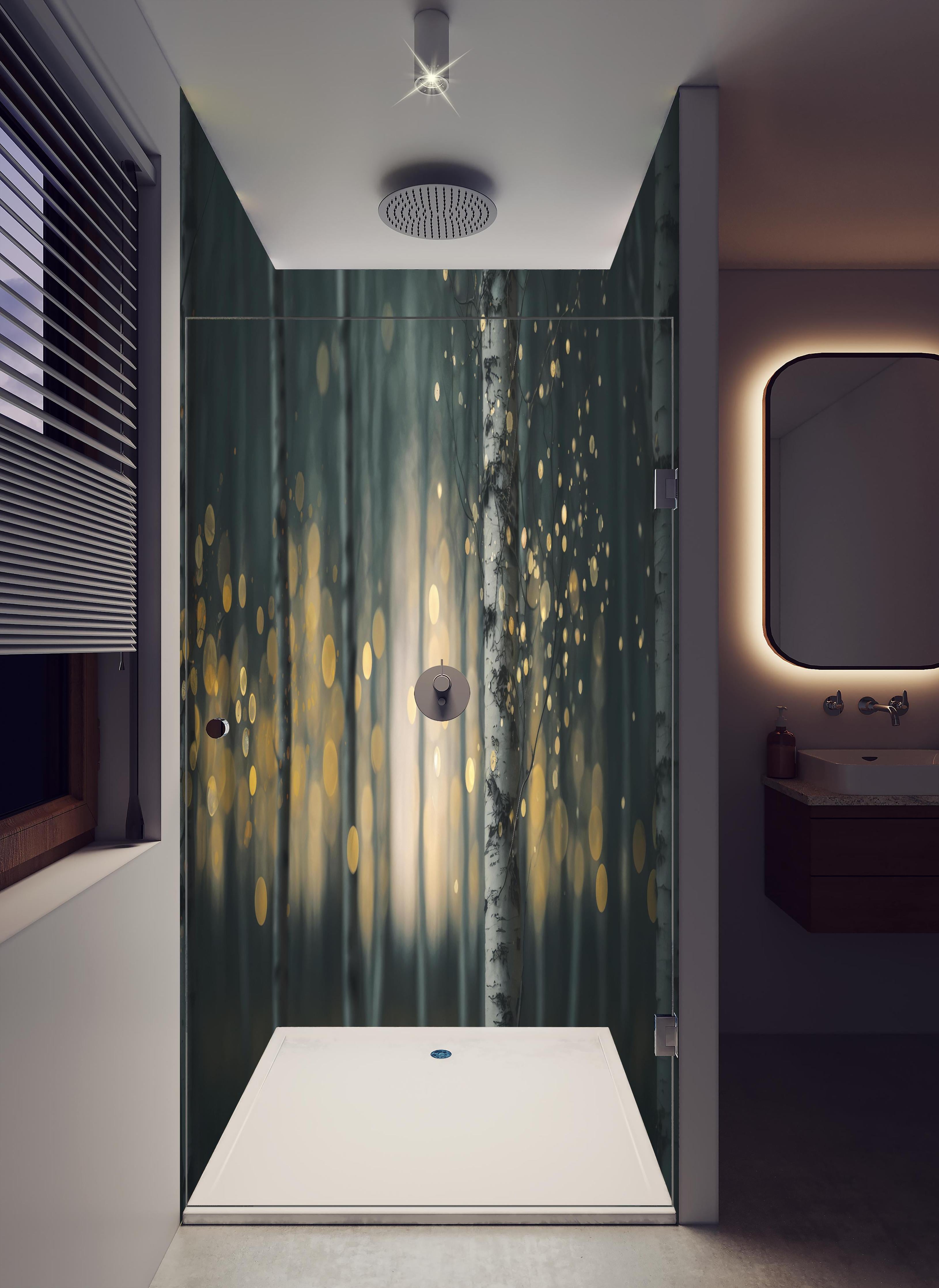Duschrückwand - Glühender Magischer Wald in hellem Badezimmer mit Regenduschkopf - zweiteilige Eck-Duschrückwand