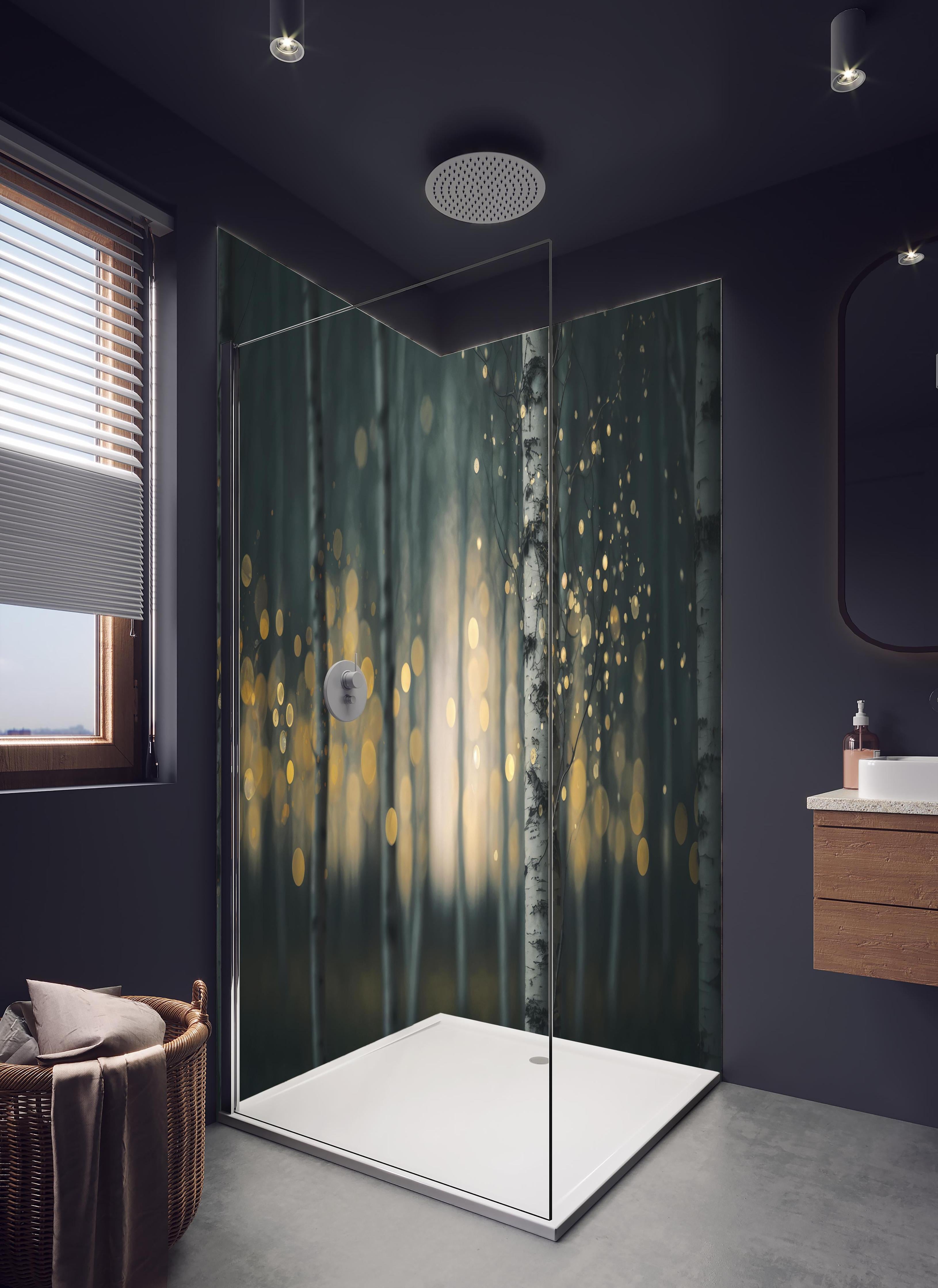 Duschrückwand - Glühender Magischer Wald in hellem Badezimmer mit Regenduschkopf - zweiteilige Eck-Duschrückwand