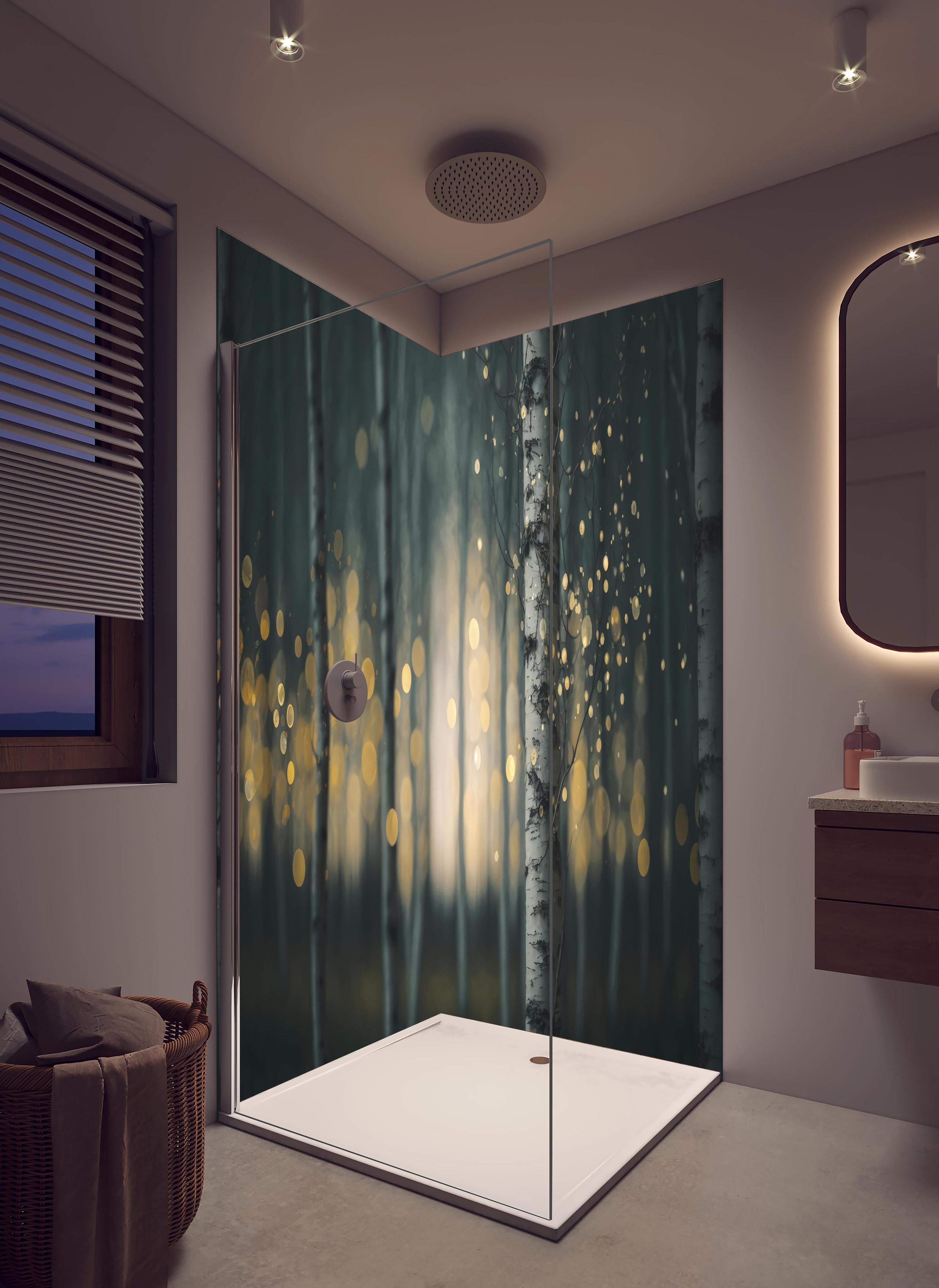 Duschrückwand - Glühender Magischer Wald in hellem Badezimmer mit Regenduschkopf - zweiteilige Eck-Duschrückwand