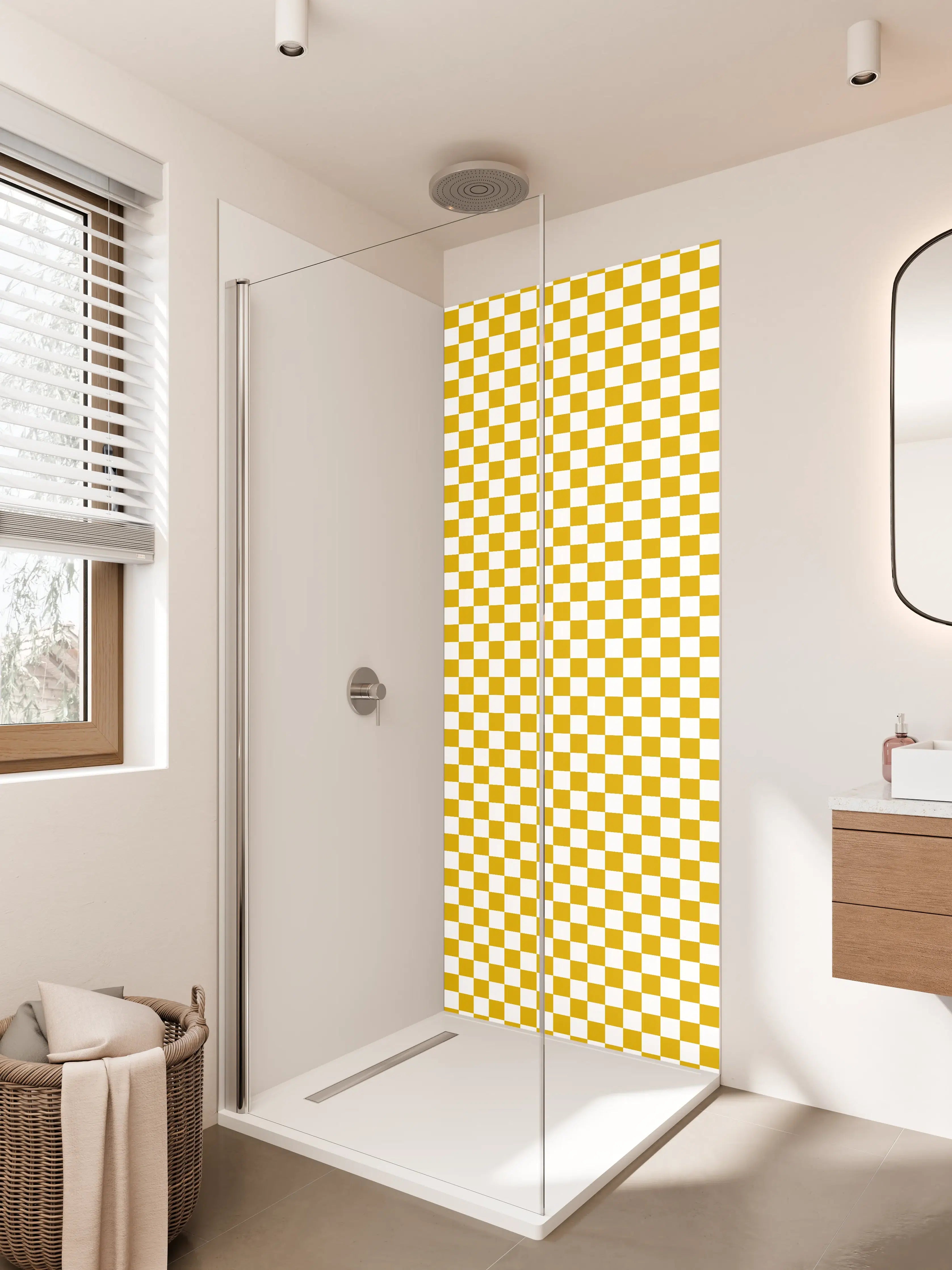 Duschrückwand - Gold und Weiß kariertes Muster