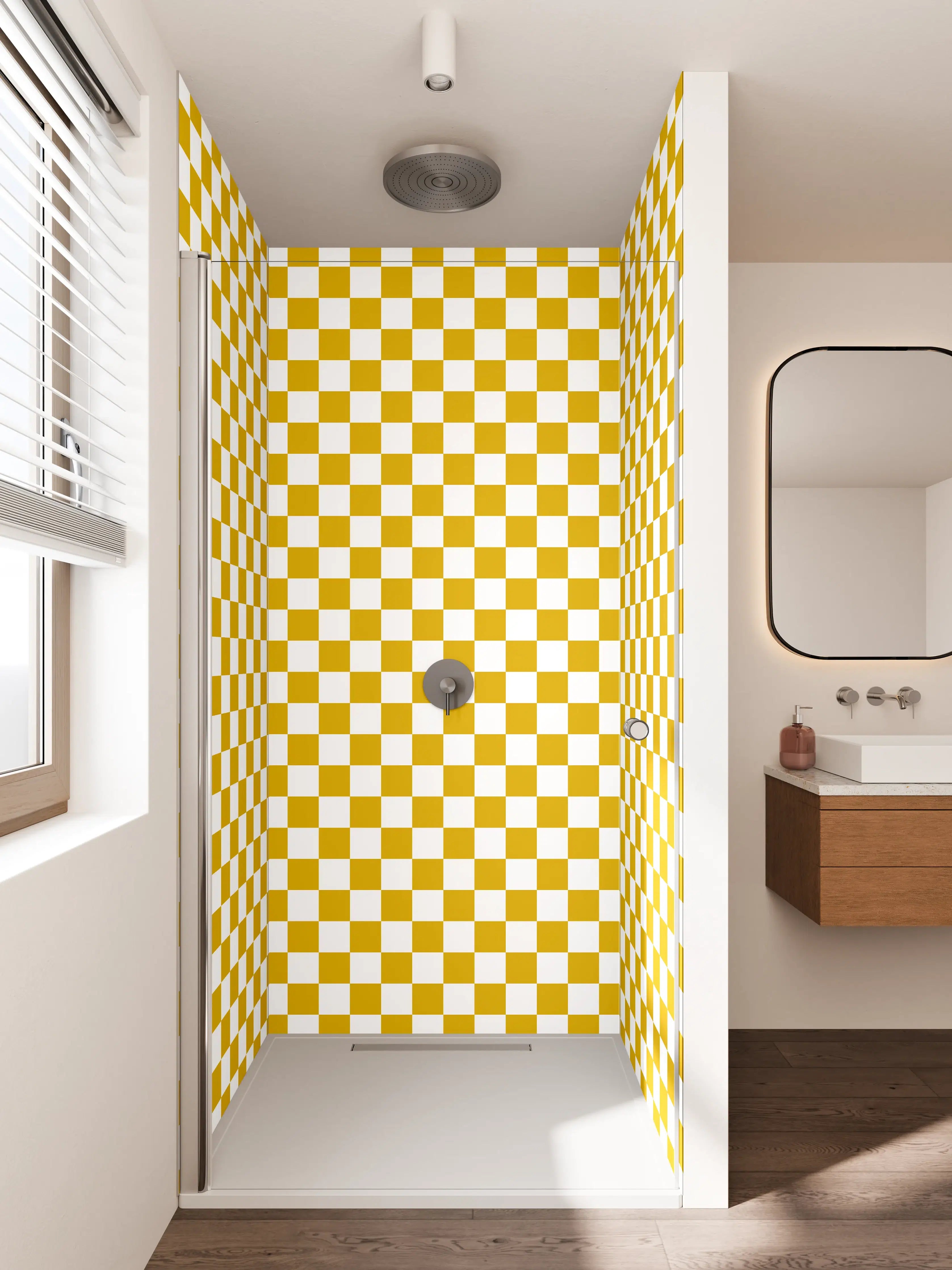 Duschrückwand - Gold und Weiß kariertes Muster