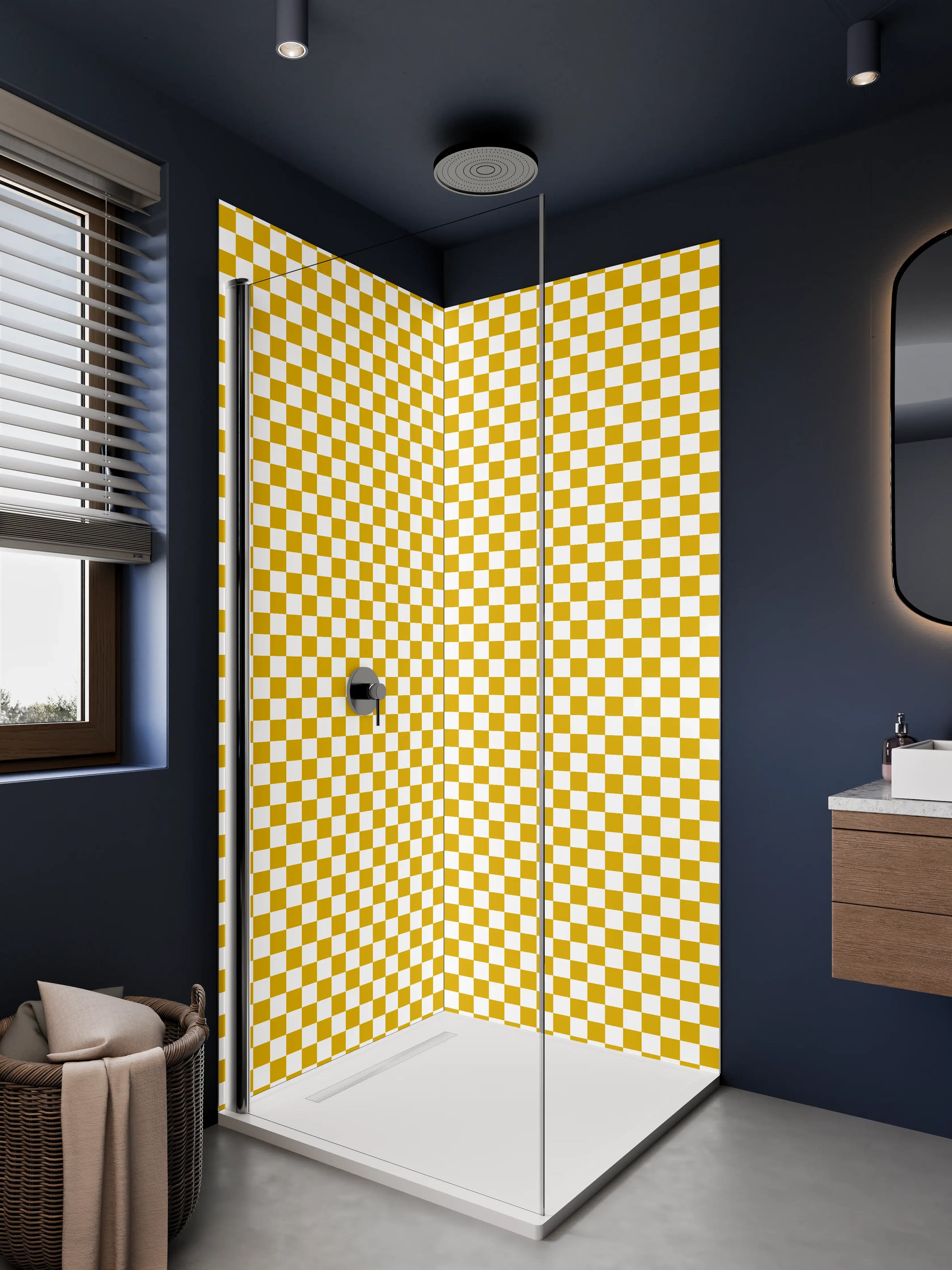 Duschrückwand - Gold und Weiß kariertes Muster