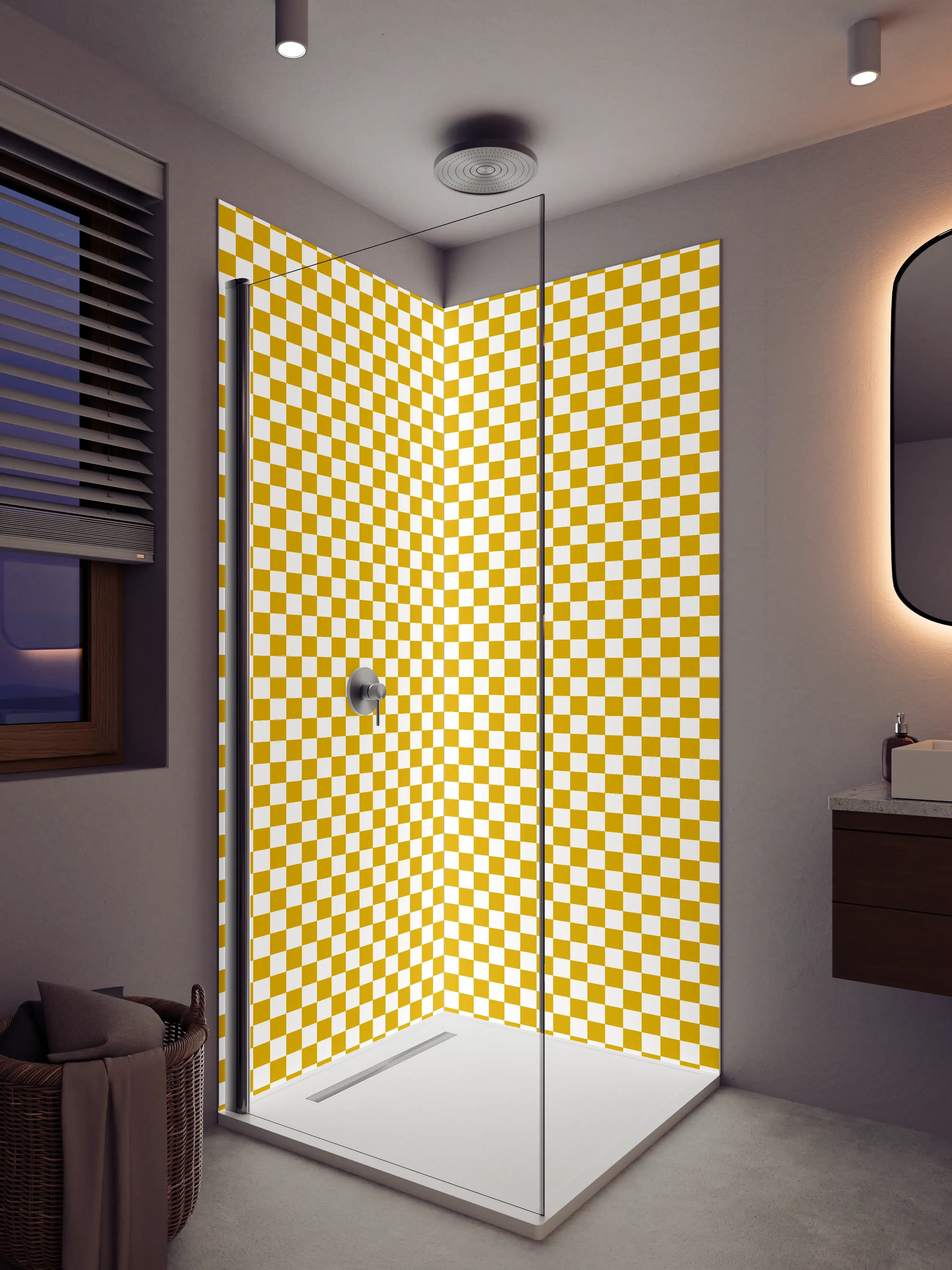Duschrückwand - Gold und Weiß kariertes Muster