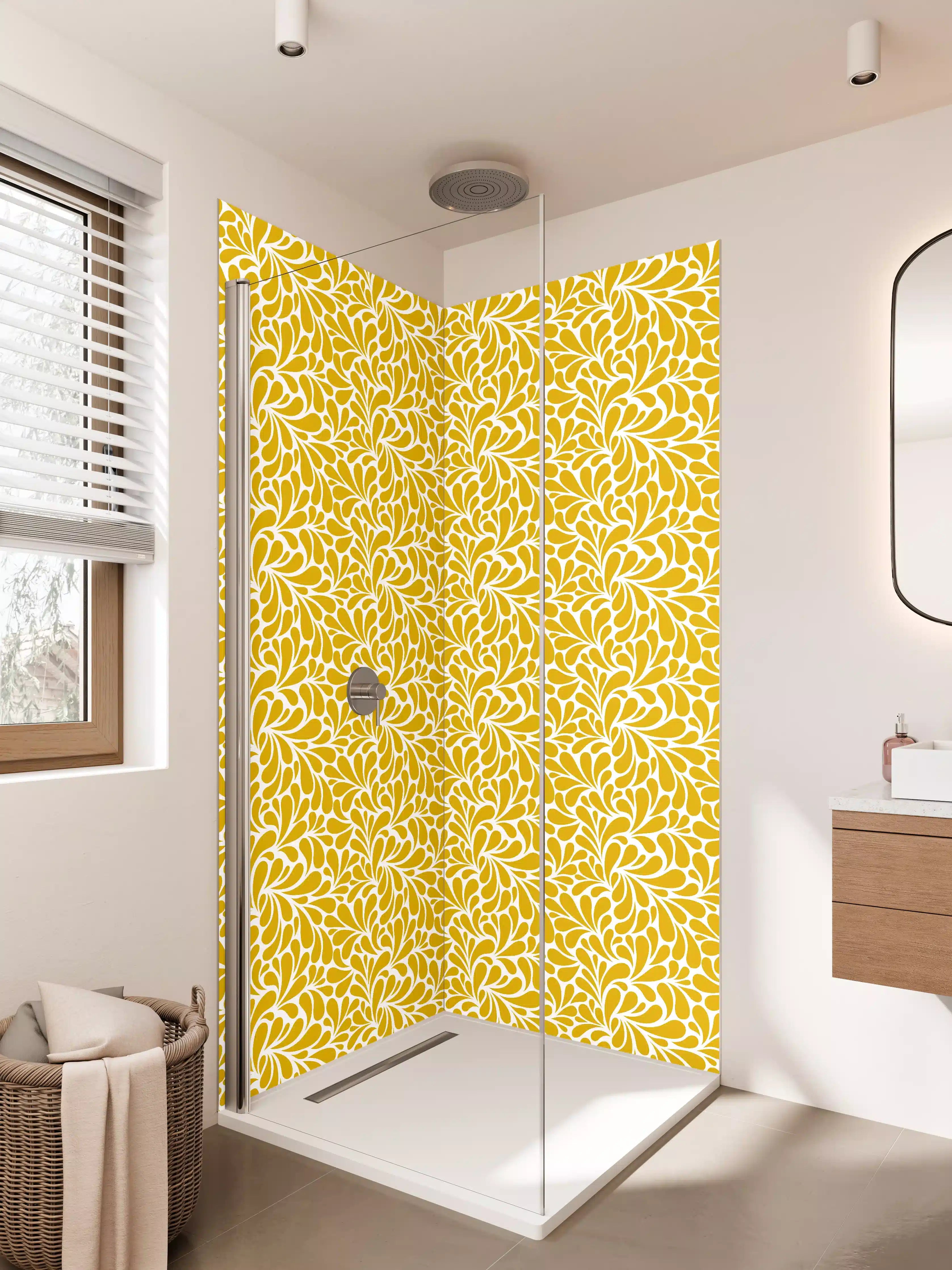 Duschrückwand - Goldene Blumenmuster mit weißer Linienführung