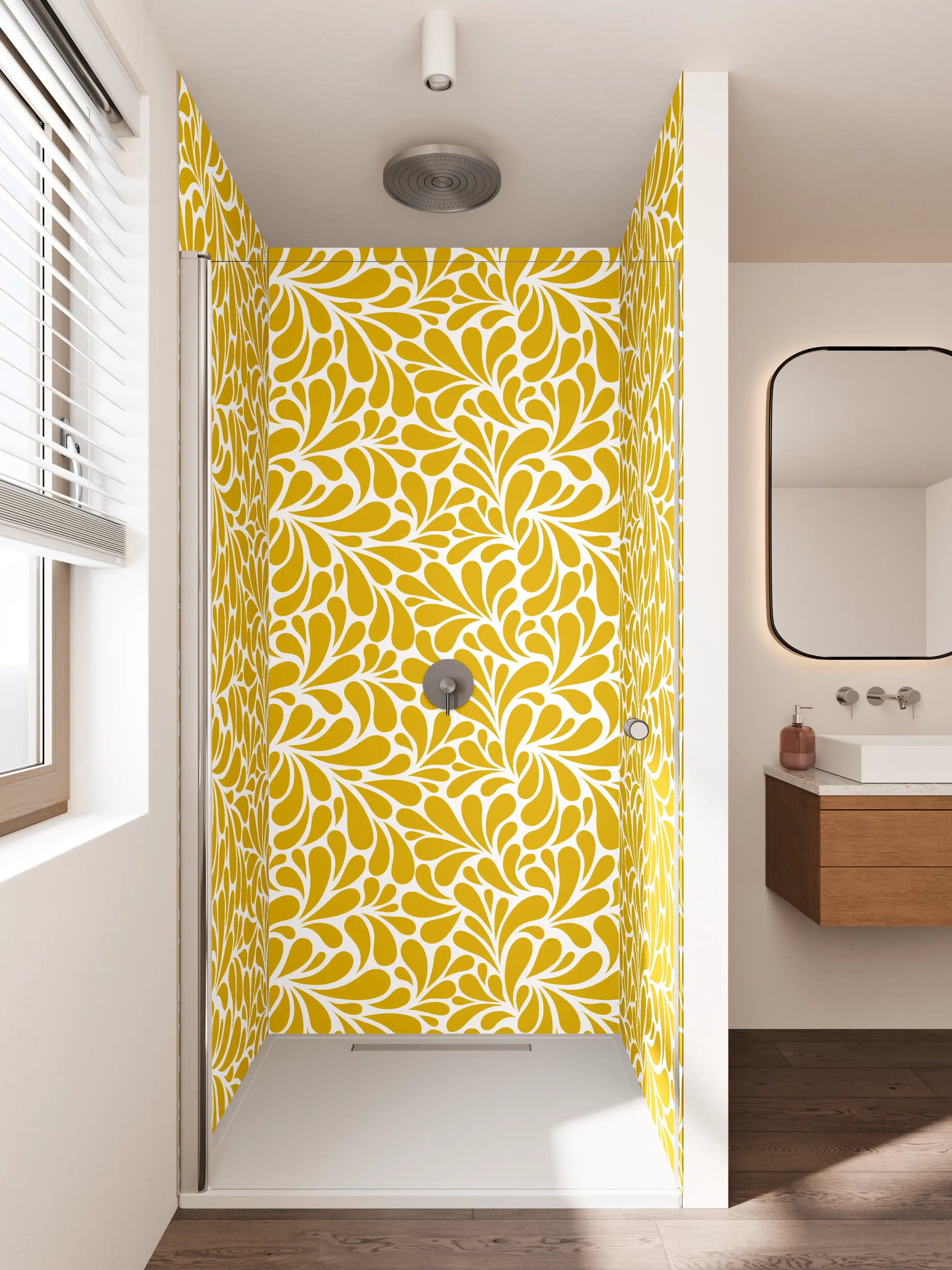 Duschrückwand - Goldene Blumenmuster mit weißer Linienführung