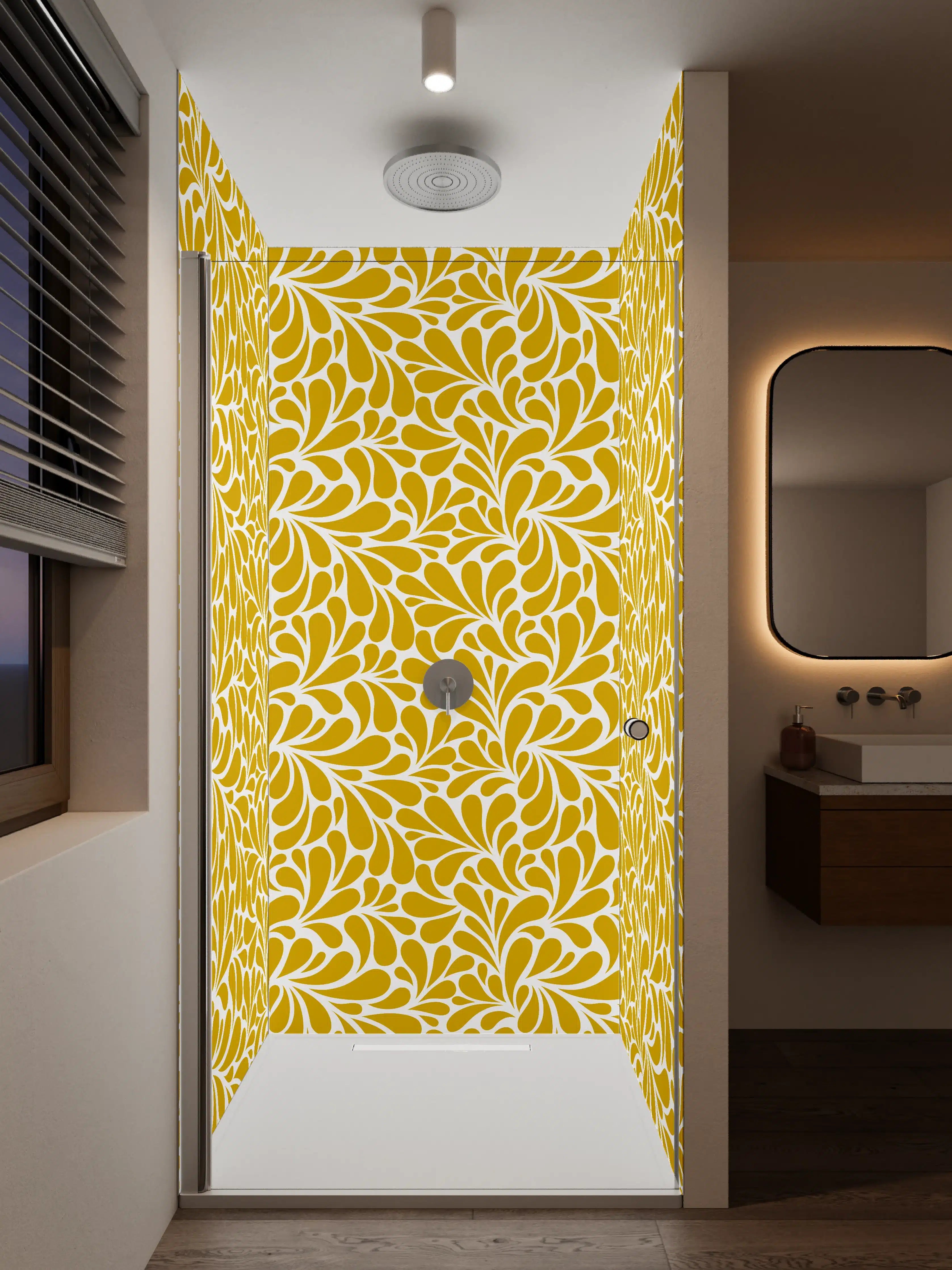 Duschrückwand - Goldene Blumenmuster mit weißer Linienführung