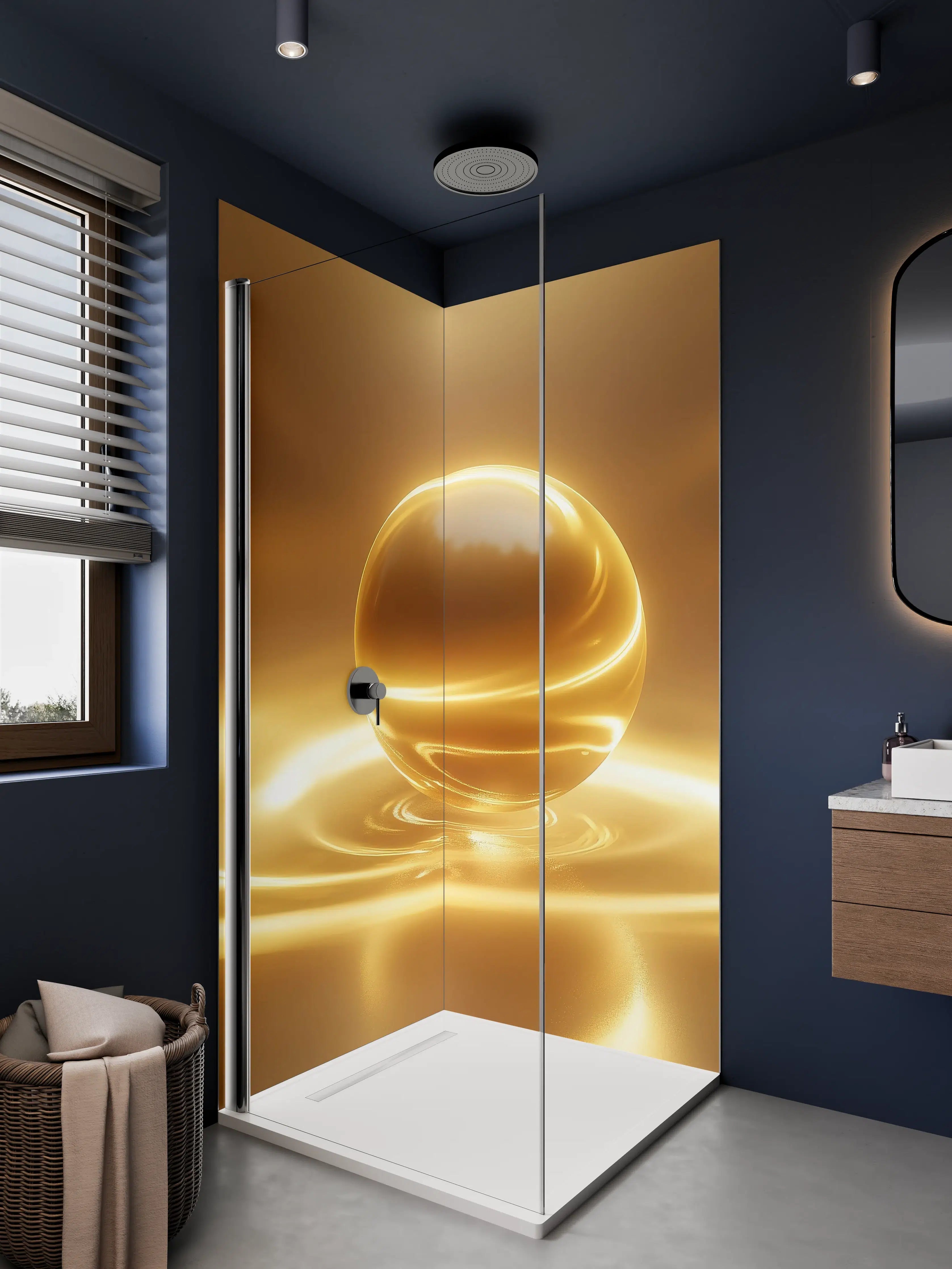 Duschrückwand - Goldene Kugel auf Wasseroberfläche