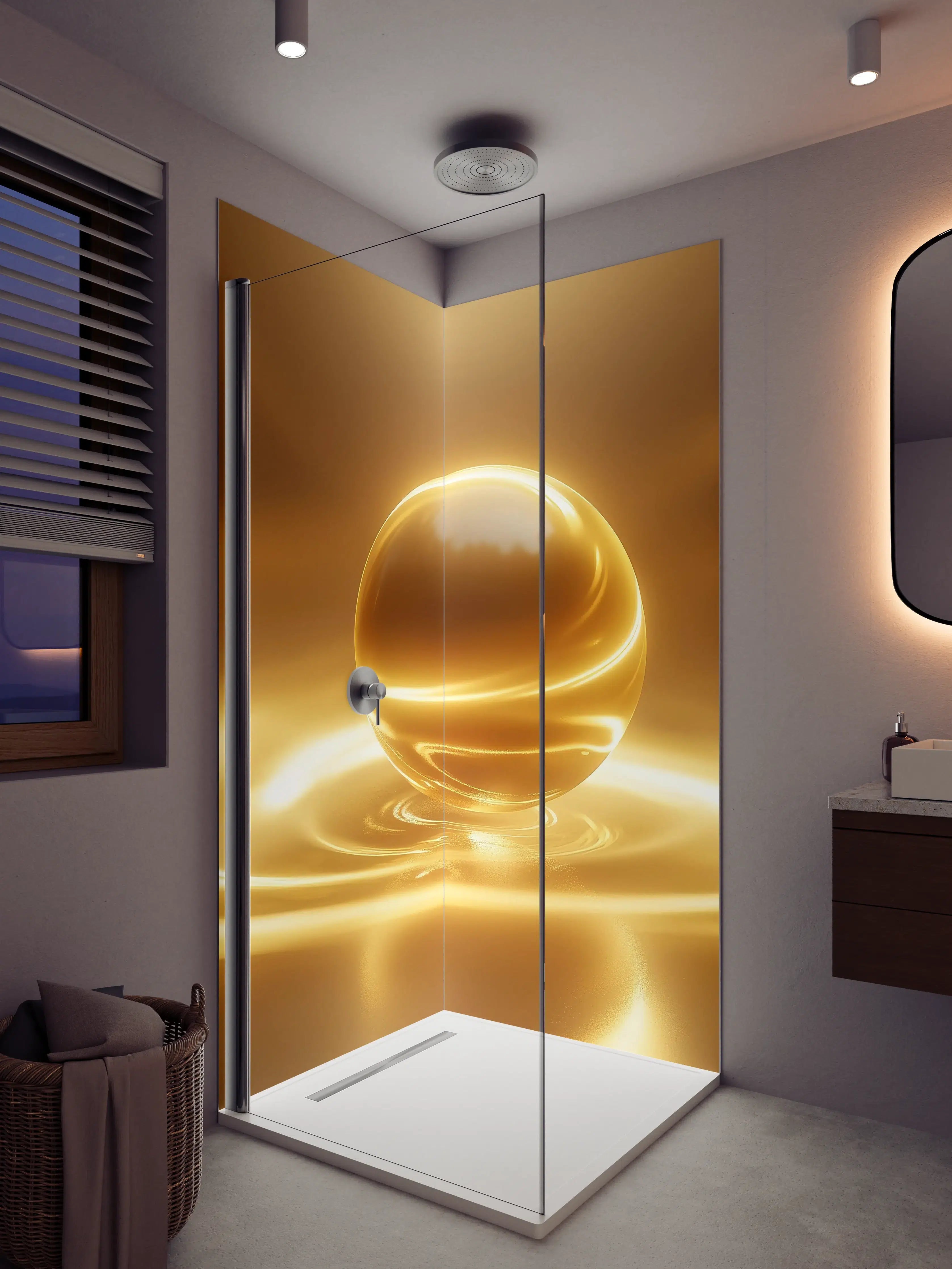 Duschrückwand - Goldene Kugel auf Wasseroberfläche