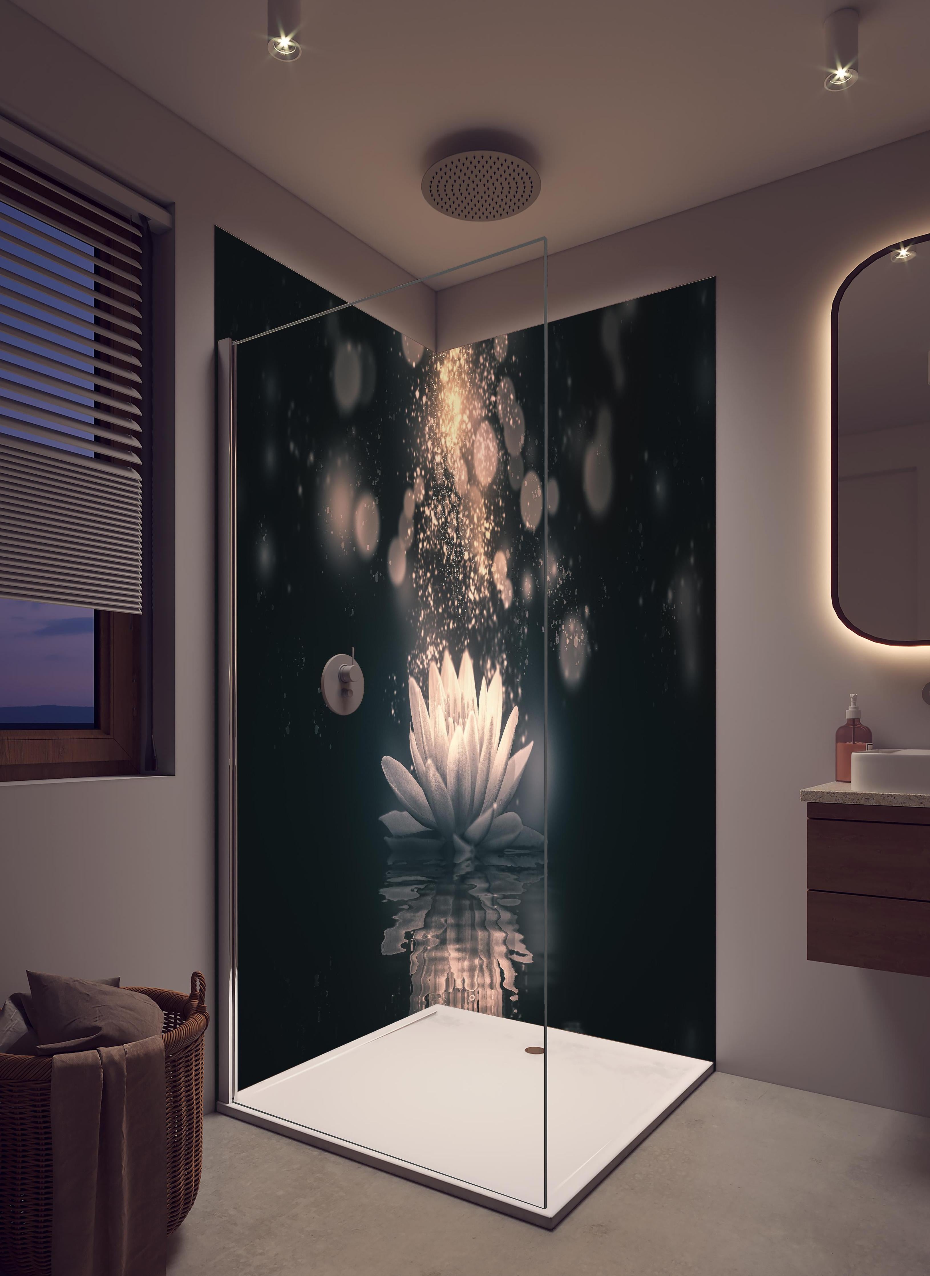 Duschrückwand - Goldene Lotusblüte auf dunklem Hintergrund in hellem Badezimmer mit Regenduschkopf - zweiteilige Eck-Duschrückwand