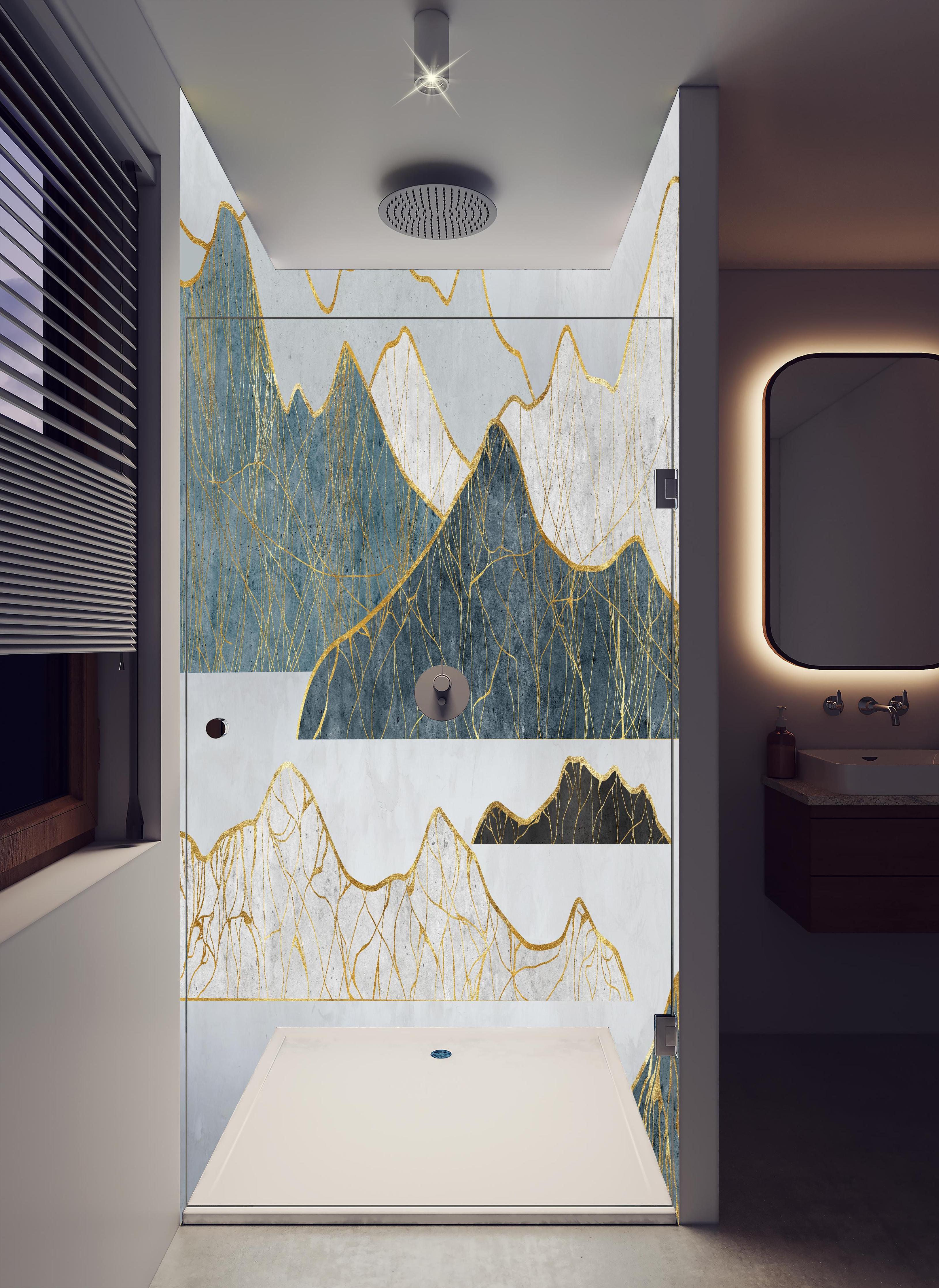 Duschrückwand - Goldene Silhouetten einer Bergregion in hellem Badezimmer mit Regenduschkopf - zweiteilige Eck-Duschrückwand