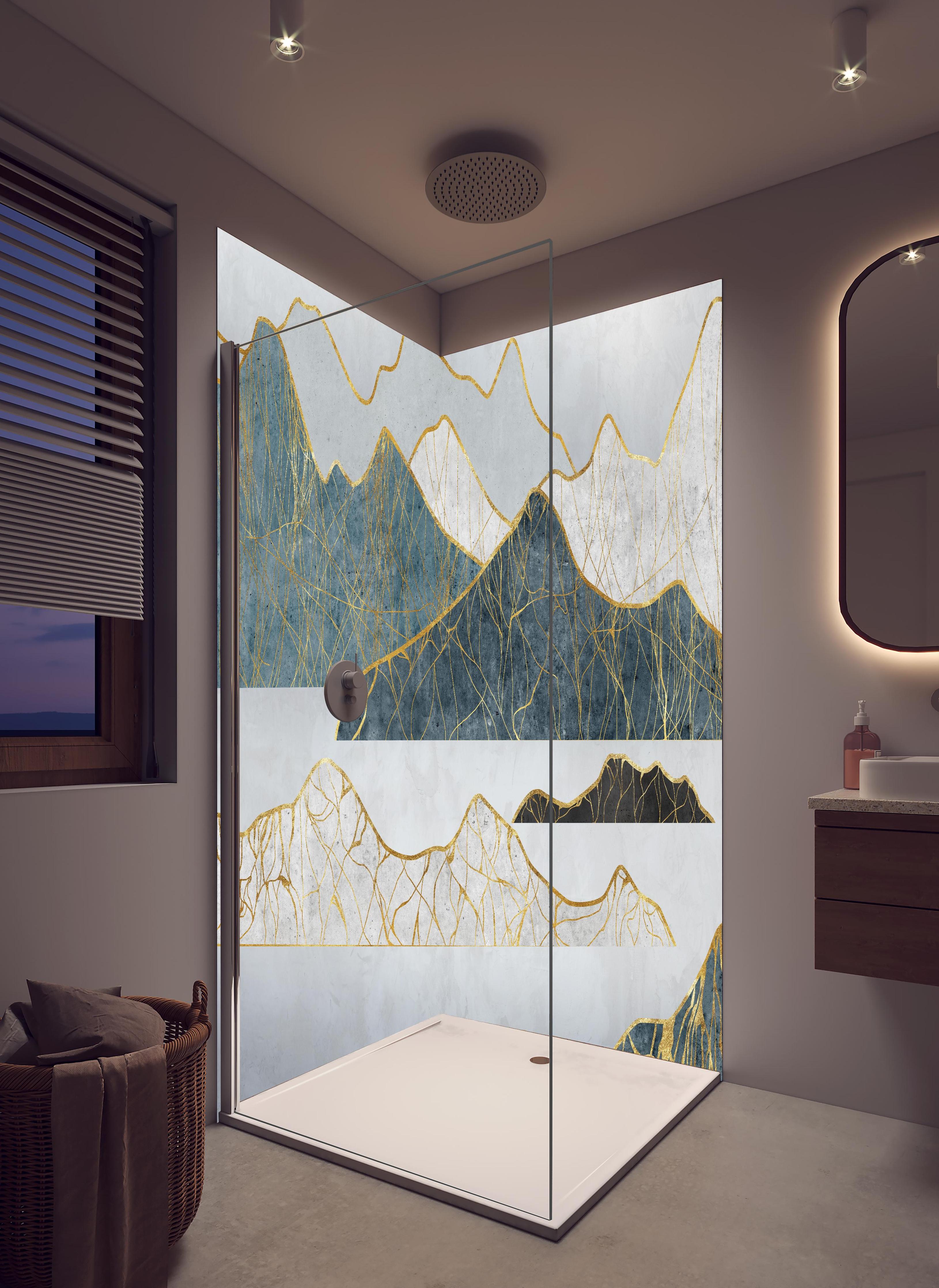 Duschrückwand - Goldene Silhouetten einer Bergregion in hellem Badezimmer mit Regenduschkopf - zweiteilige Eck-Duschrückwand