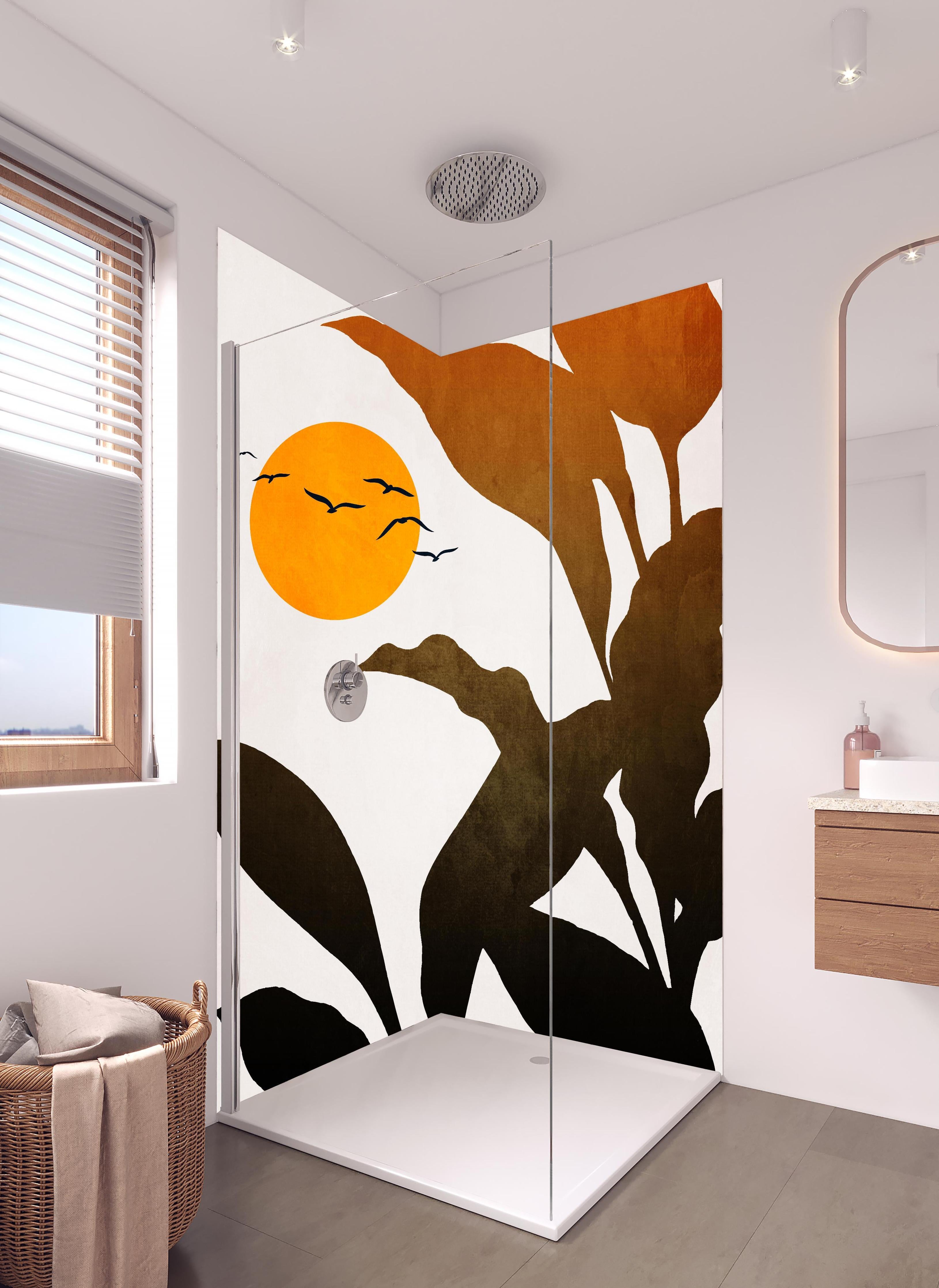 Duschrückwand - Goldene Sonne - Grafik in hellem Badezimmer mit Regenduschkopf - zweiteilige Eck-Duschrückwand