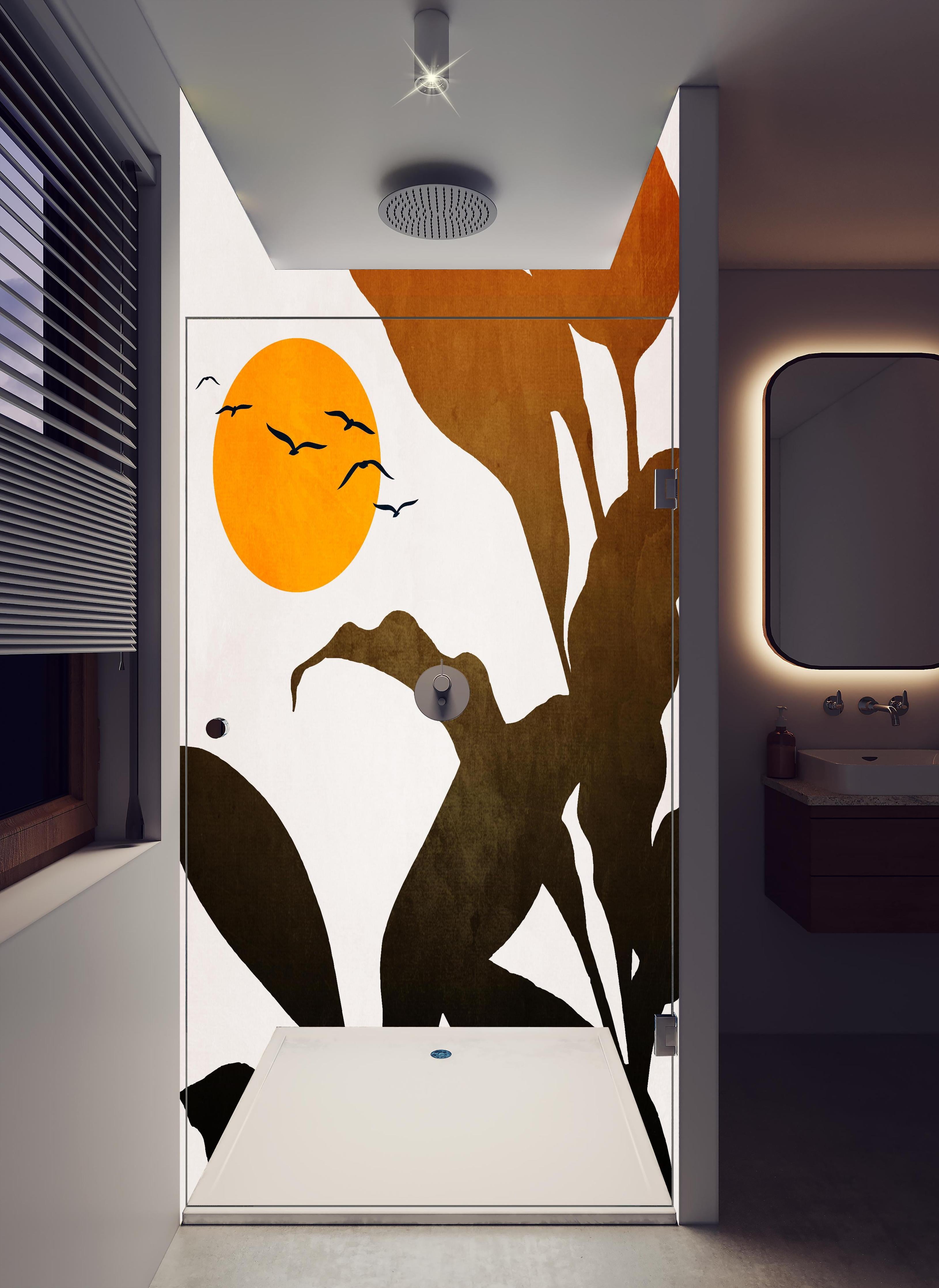 Duschrückwand - Goldene Sonne - Grafik in hellem Badezimmer mit Regenduschkopf - zweiteilige Eck-Duschrückwand