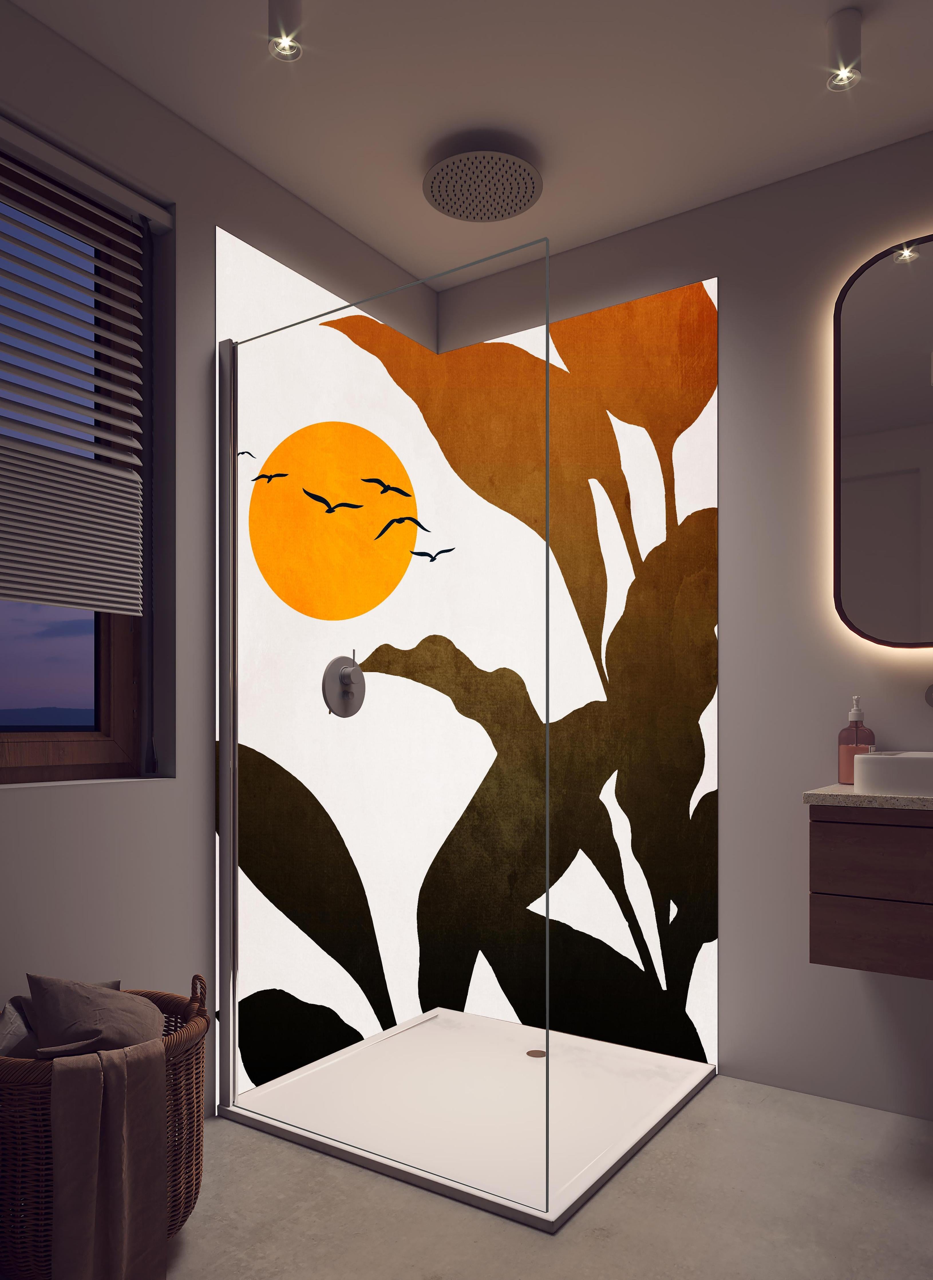 Duschrückwand - Goldene Sonne - Grafik in hellem Badezimmer mit Regenduschkopf - zweiteilige Eck-Duschrückwand