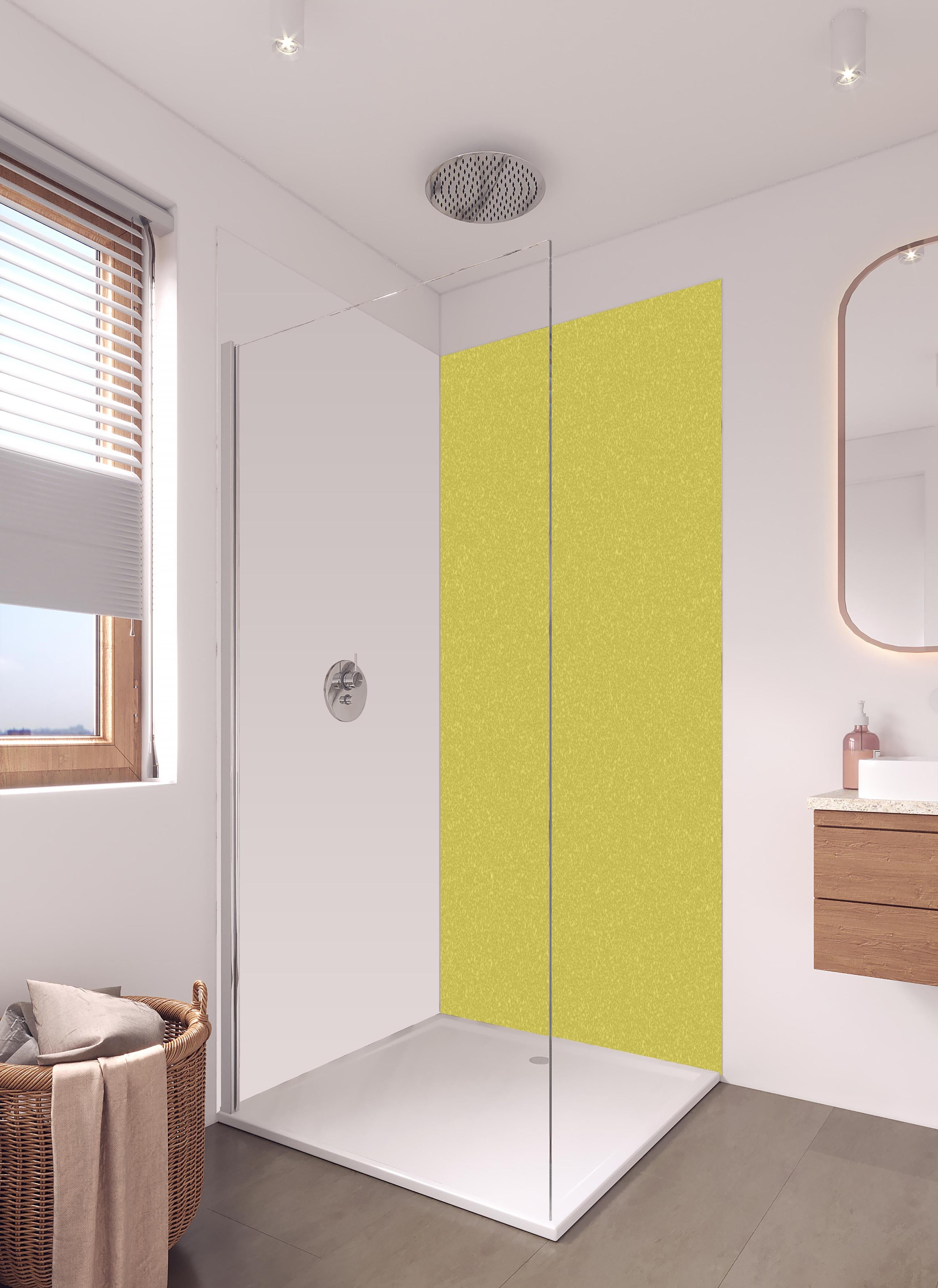 Duschrückwand - Goldene Wandtextur - Beleuchtungsfarbe in hellem Badezimmer mit Regenduschkopf - zweiteilige Eck-Duschrückwand