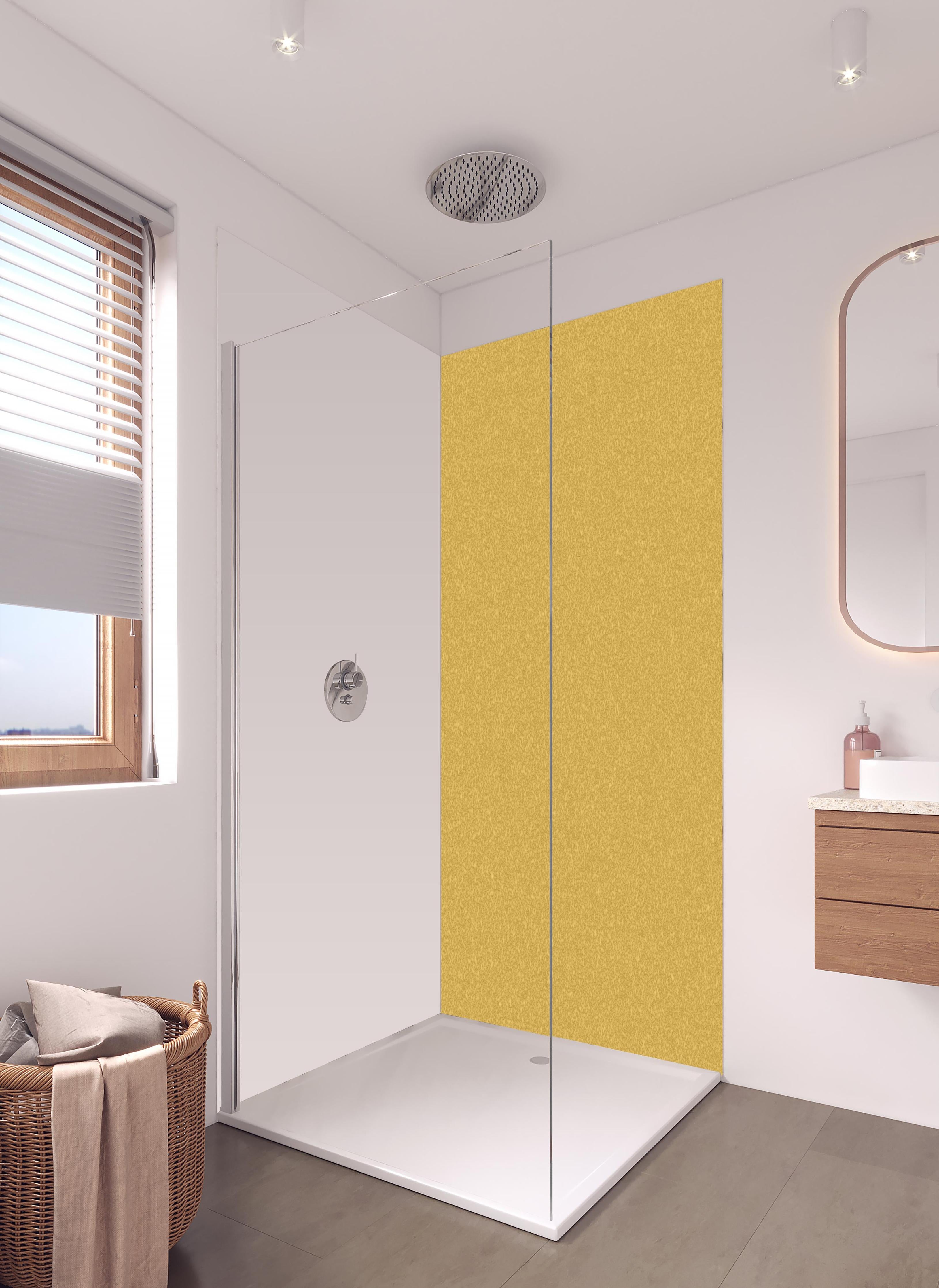 Duschrückwand - Goldene Wandtextur - goldene Narzisse in hellem Badezimmer mit Regenduschkopf - zweiteilige Eck-Duschrückwand