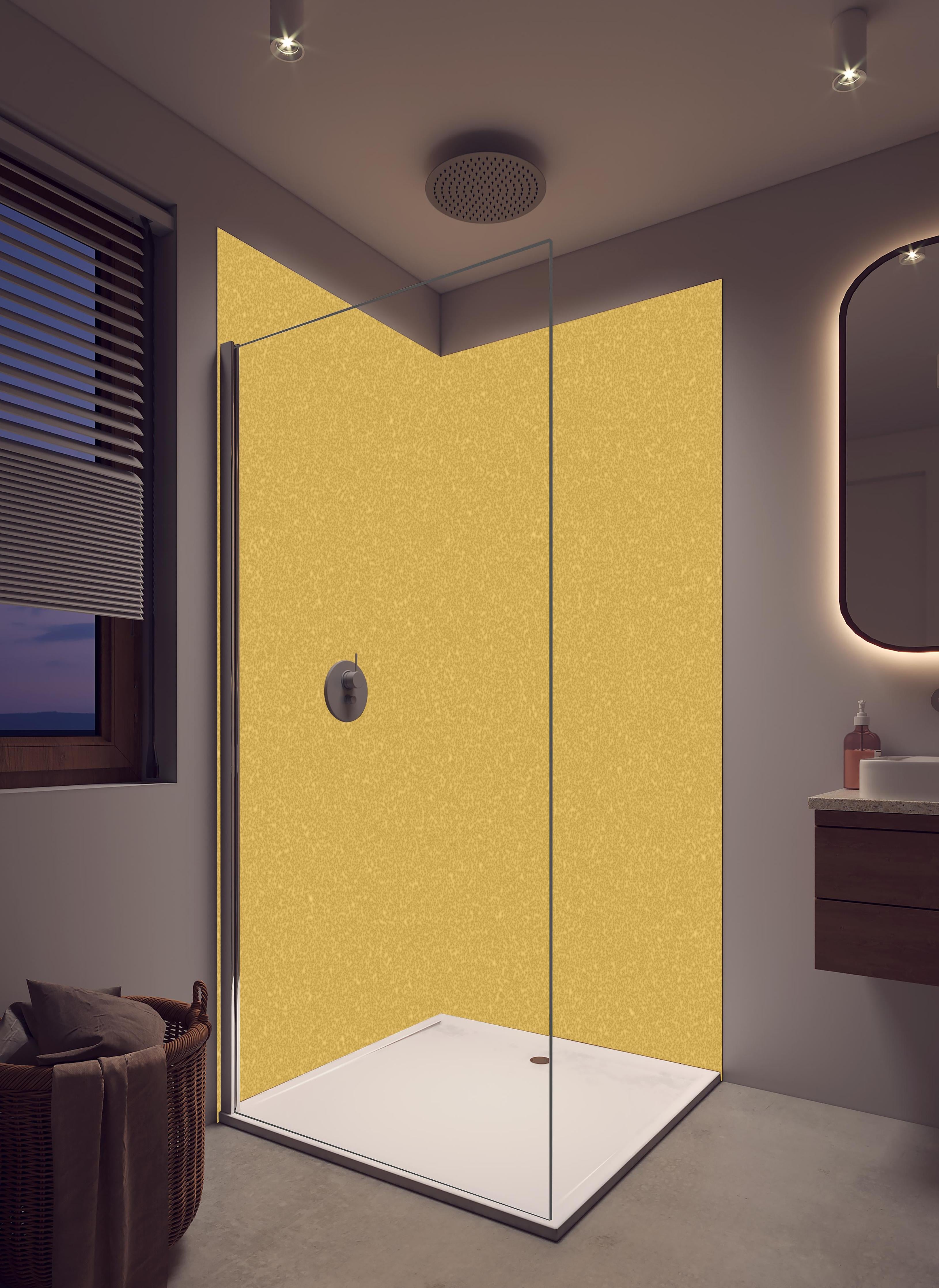 Duschrückwand - Goldene Wandtextur - goldene Narzisse in hellem Badezimmer mit Regenduschkopf - zweiteilige Eck-Duschrückwand