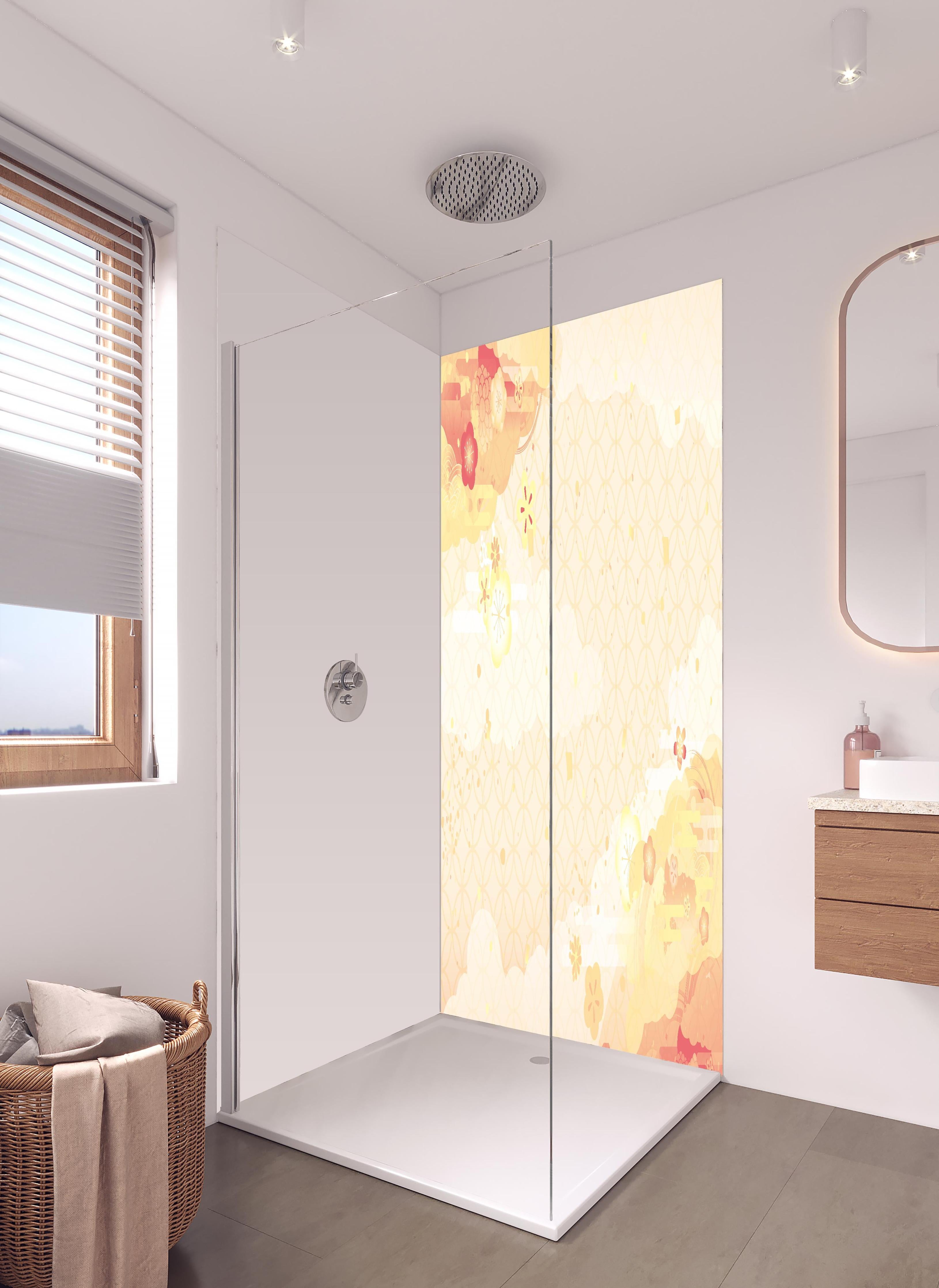 Duschrückwand - Goldene & Beige Muster Abstrakte Kunstwand in hellem Badezimmer mit Regenduschkopf - zweiteilige Eck-Duschrückwand