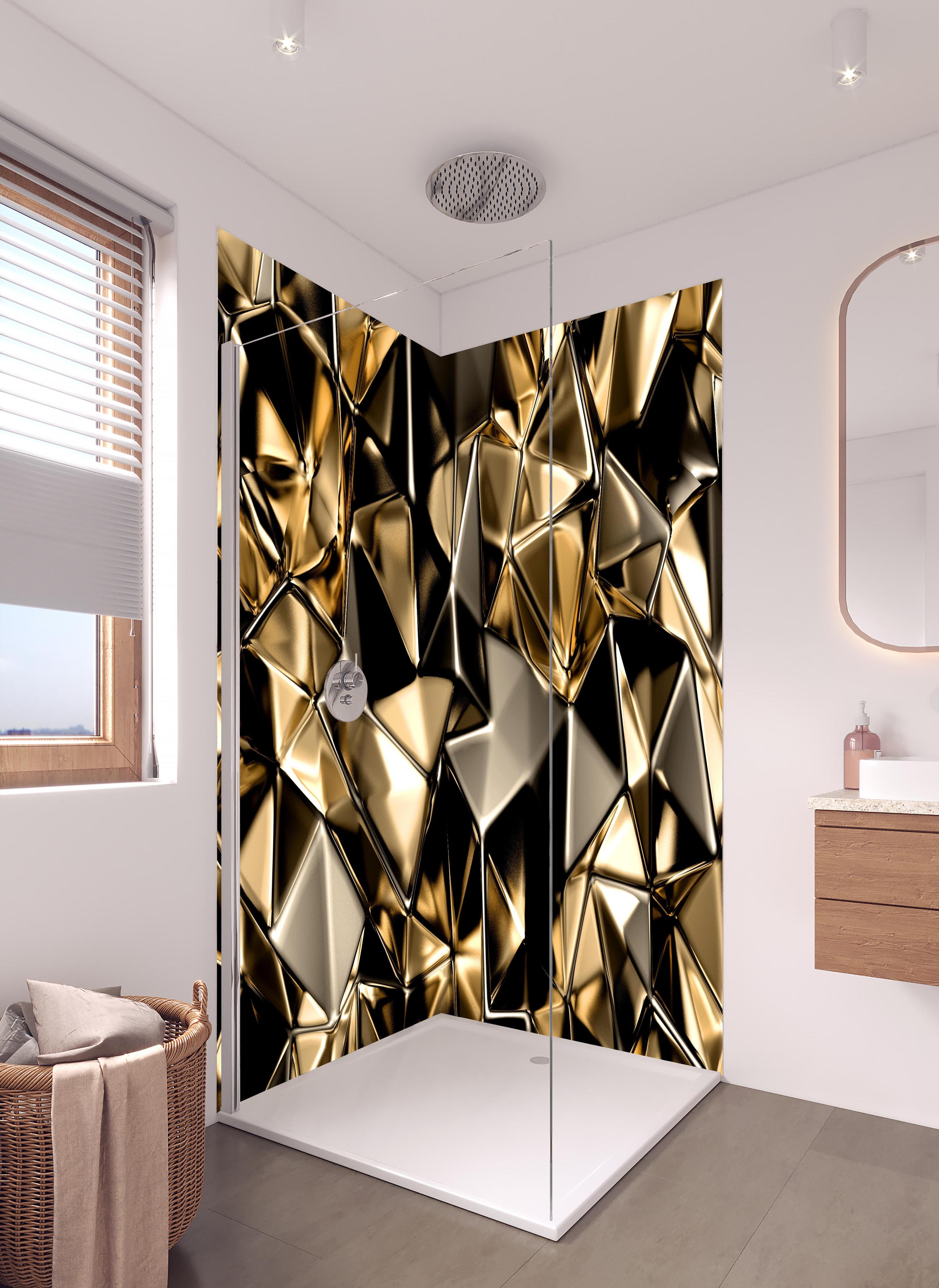 Duschrückwand - Goldene abstrakte Kristallstruktur Hintergrund in hellem Badezimmer mit Regenduschkopf - zweiteilige Eck-Duschrückwand