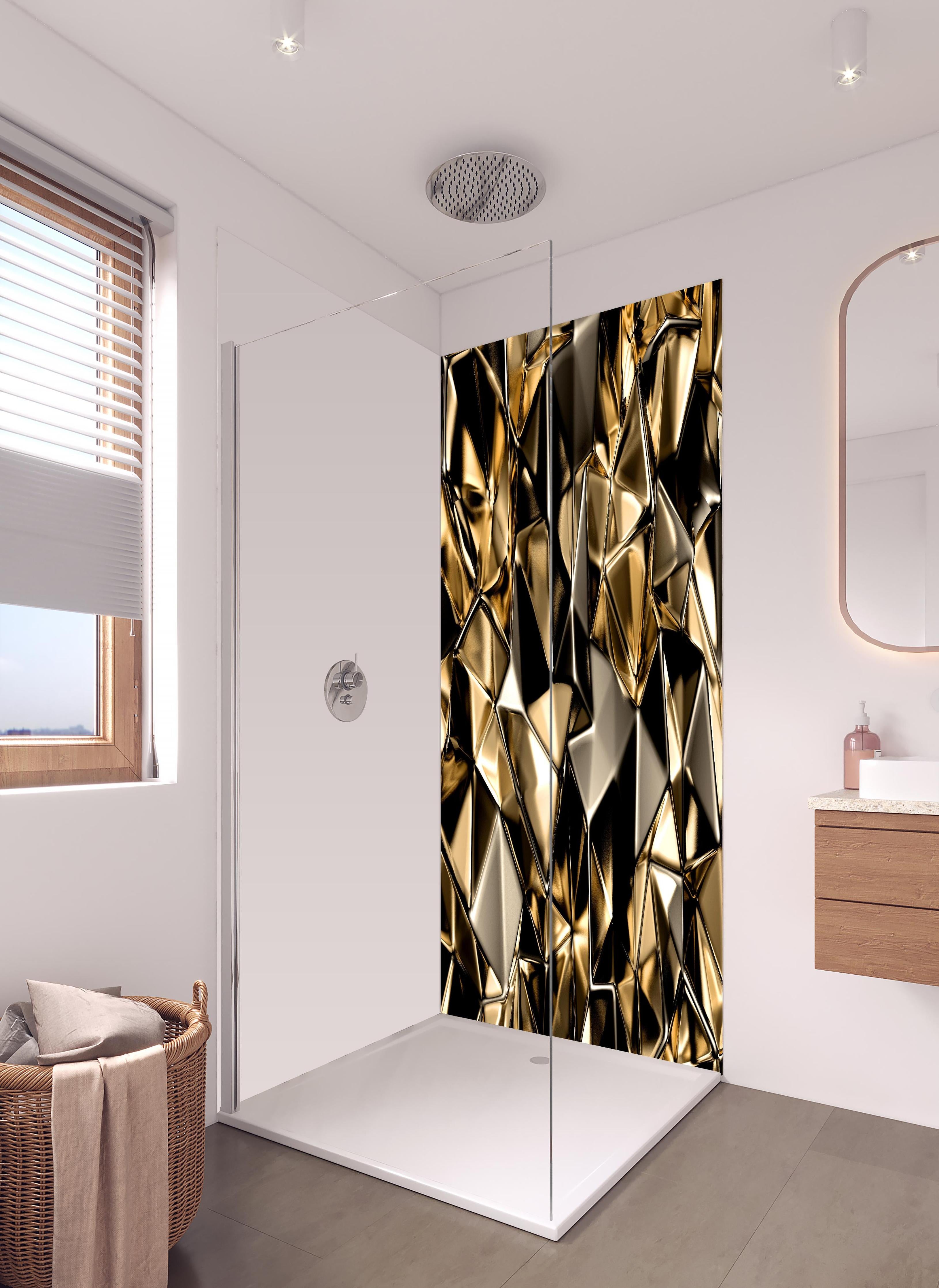 Duschrückwand - Goldene abstrakte Kristallstruktur Hintergrund in hellem Badezimmer mit Regenduschkopf - zweiteilige Eck-Duschrückwand
