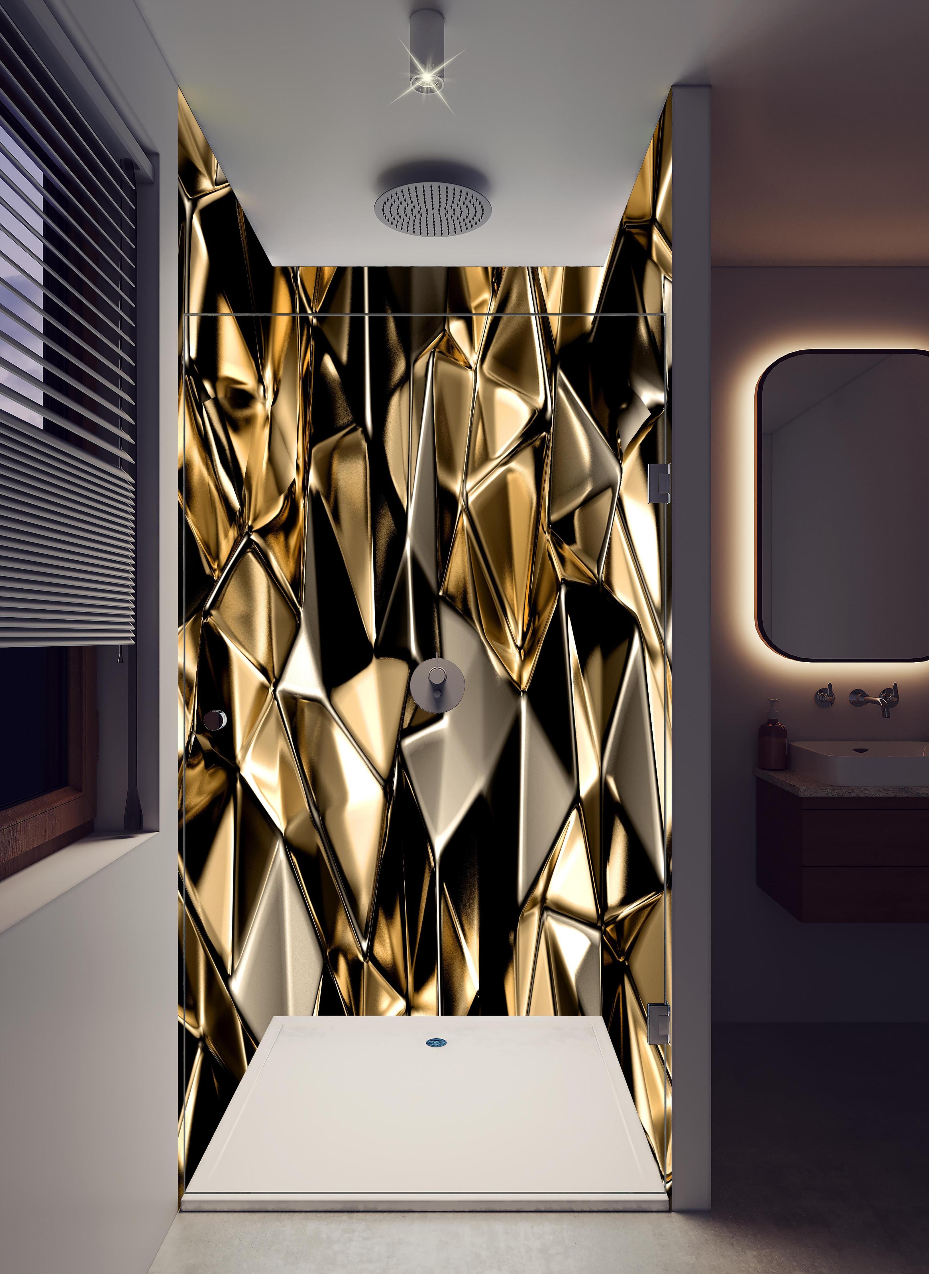 Duschrückwand - Goldene abstrakte Kristallstruktur Hintergrund in hellem Badezimmer mit Regenduschkopf - zweiteilige Eck-Duschrückwand