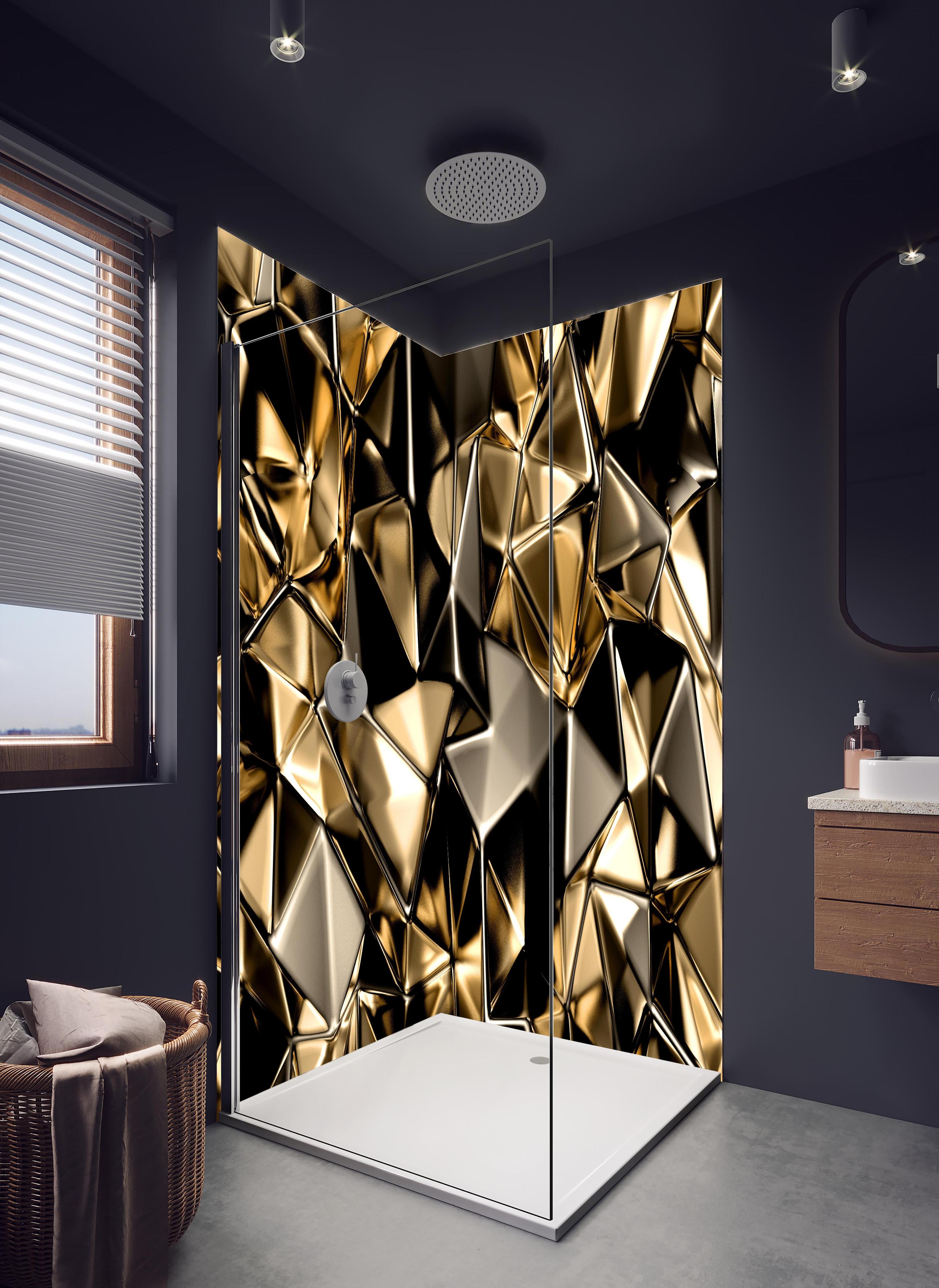 Duschrückwand - Goldene abstrakte Kristallstruktur Hintergrund in hellem Badezimmer mit Regenduschkopf - zweiteilige Eck-Duschrückwand