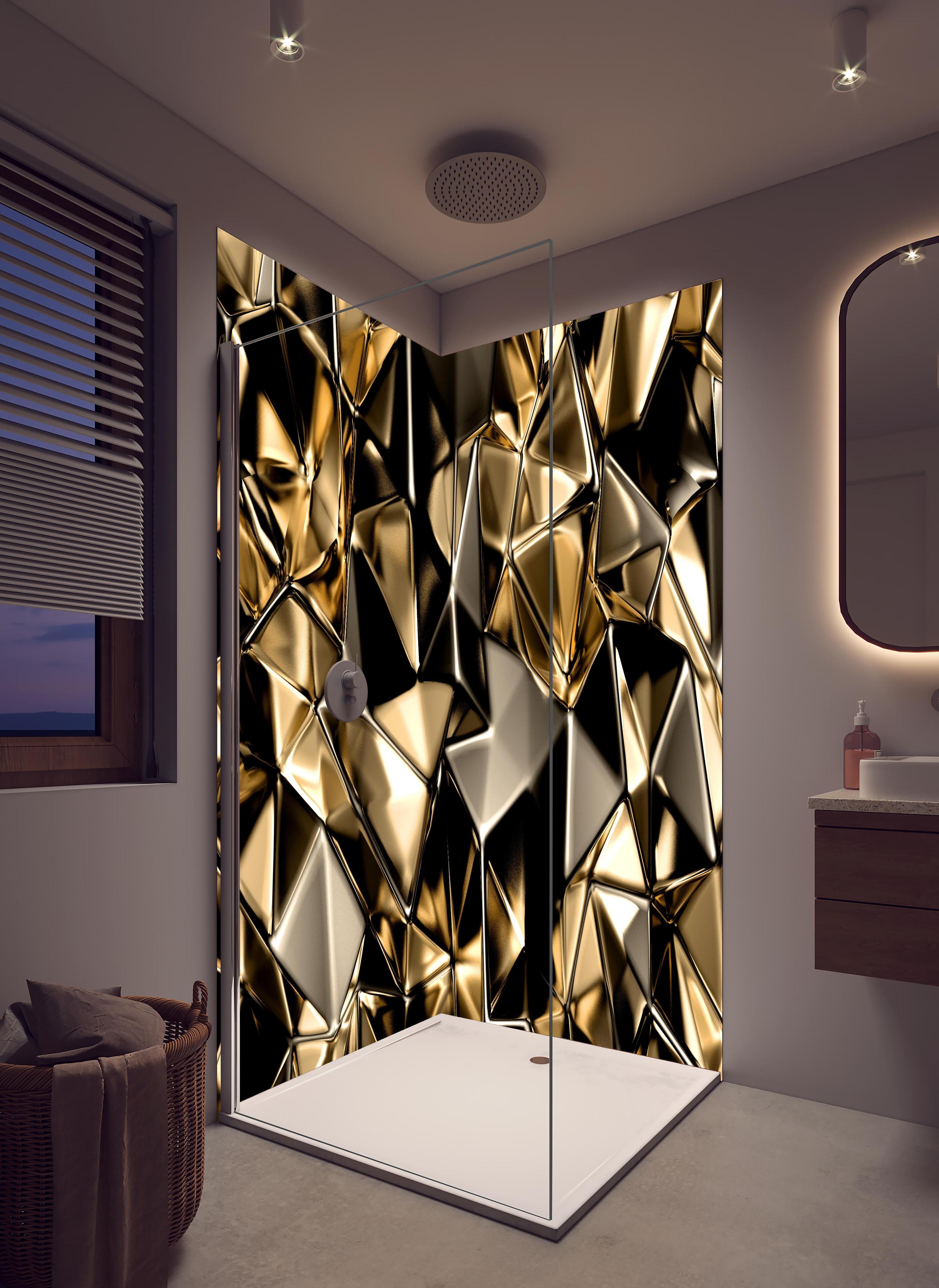 Duschrückwand - Goldene abstrakte Kristallstruktur Hintergrund in hellem Badezimmer mit Regenduschkopf - zweiteilige Eck-Duschrückwand