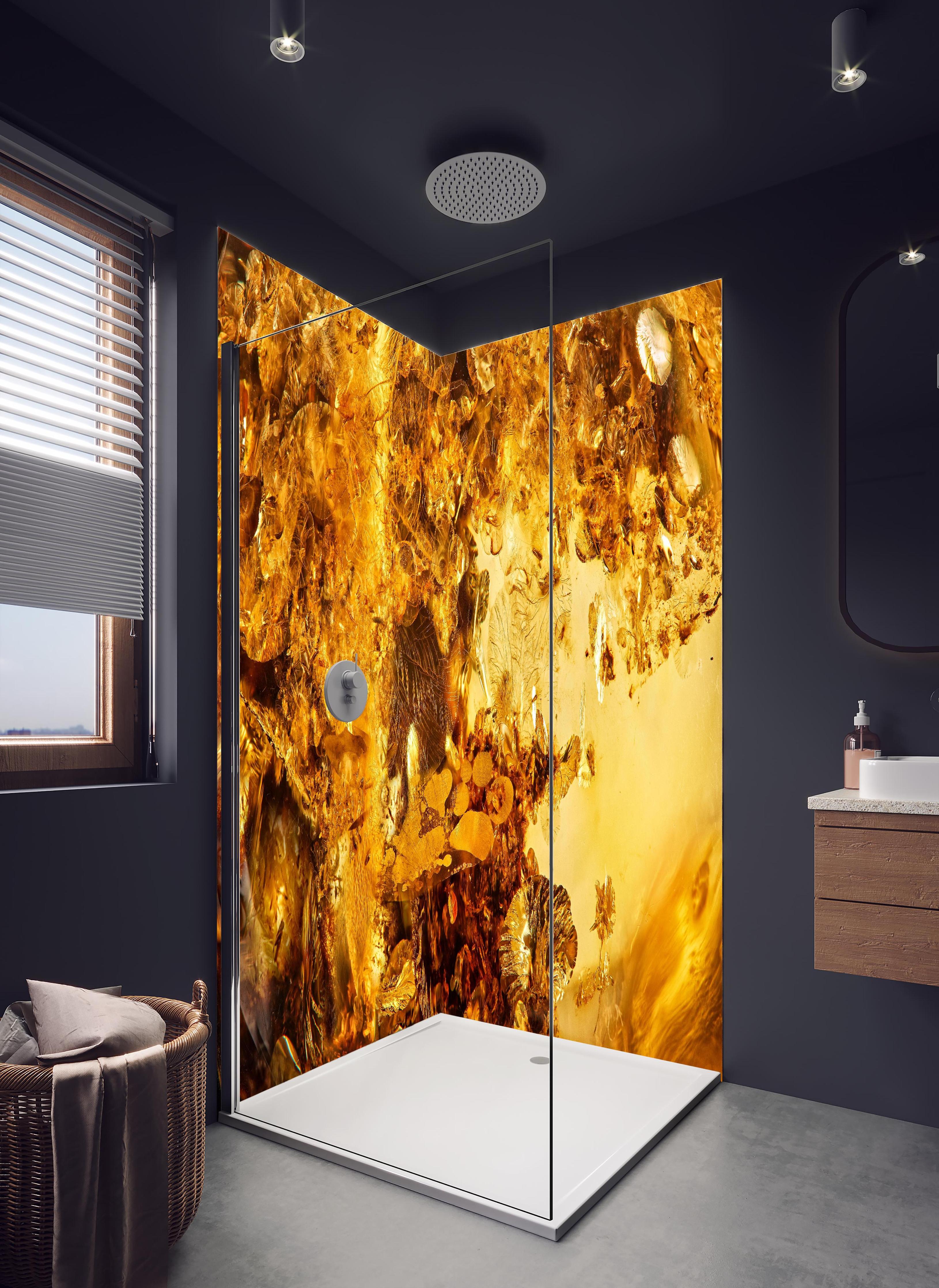 Duschrückwand - Goldener Kristall - Sonnenstein in hellem Badezimmer mit Regenduschkopf - zweiteilige Eck-Duschrückwand