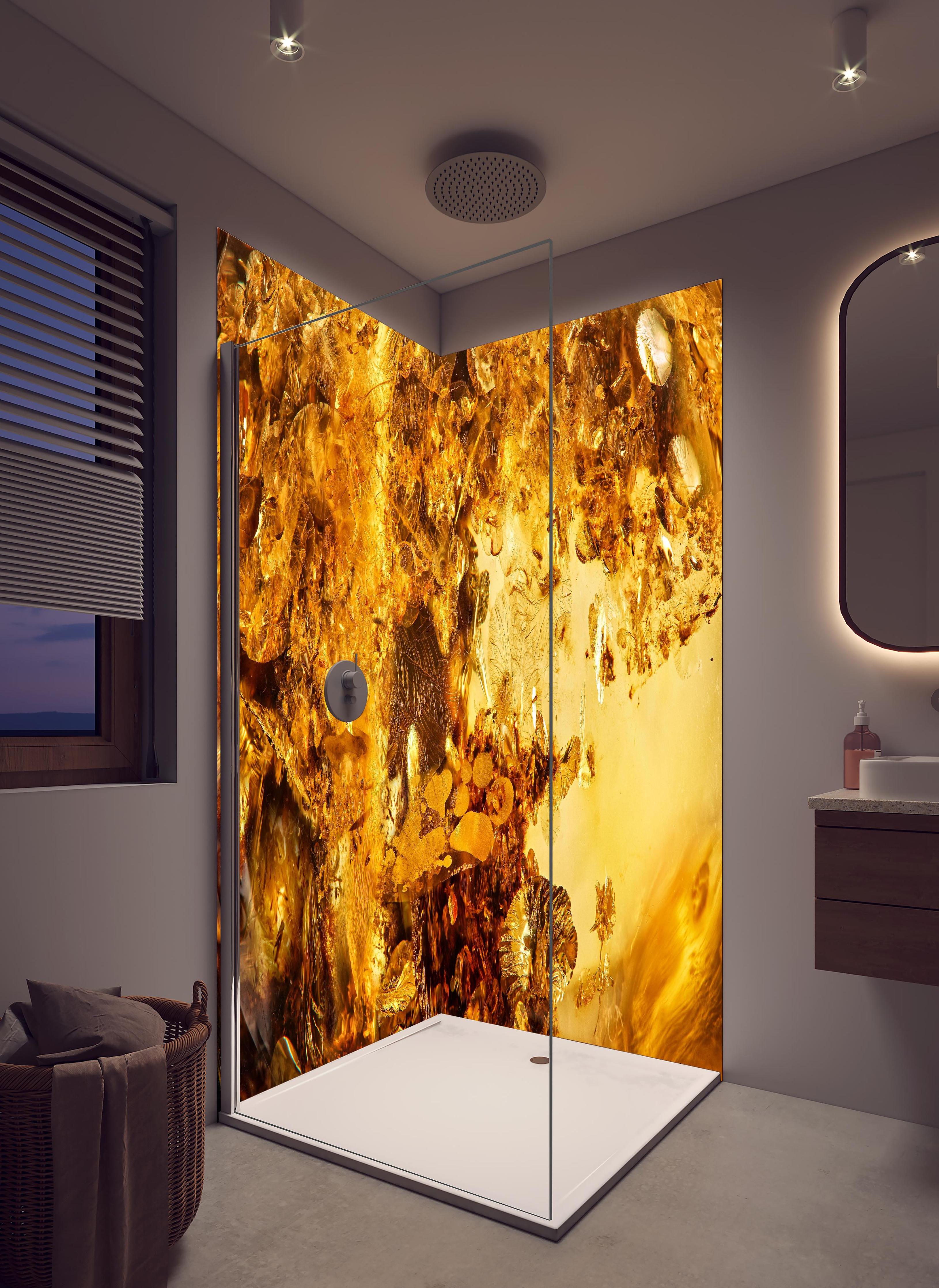 Duschrückwand - Goldener Kristall - Sonnenstein in hellem Badezimmer mit Regenduschkopf - zweiteilige Eck-Duschrückwand
