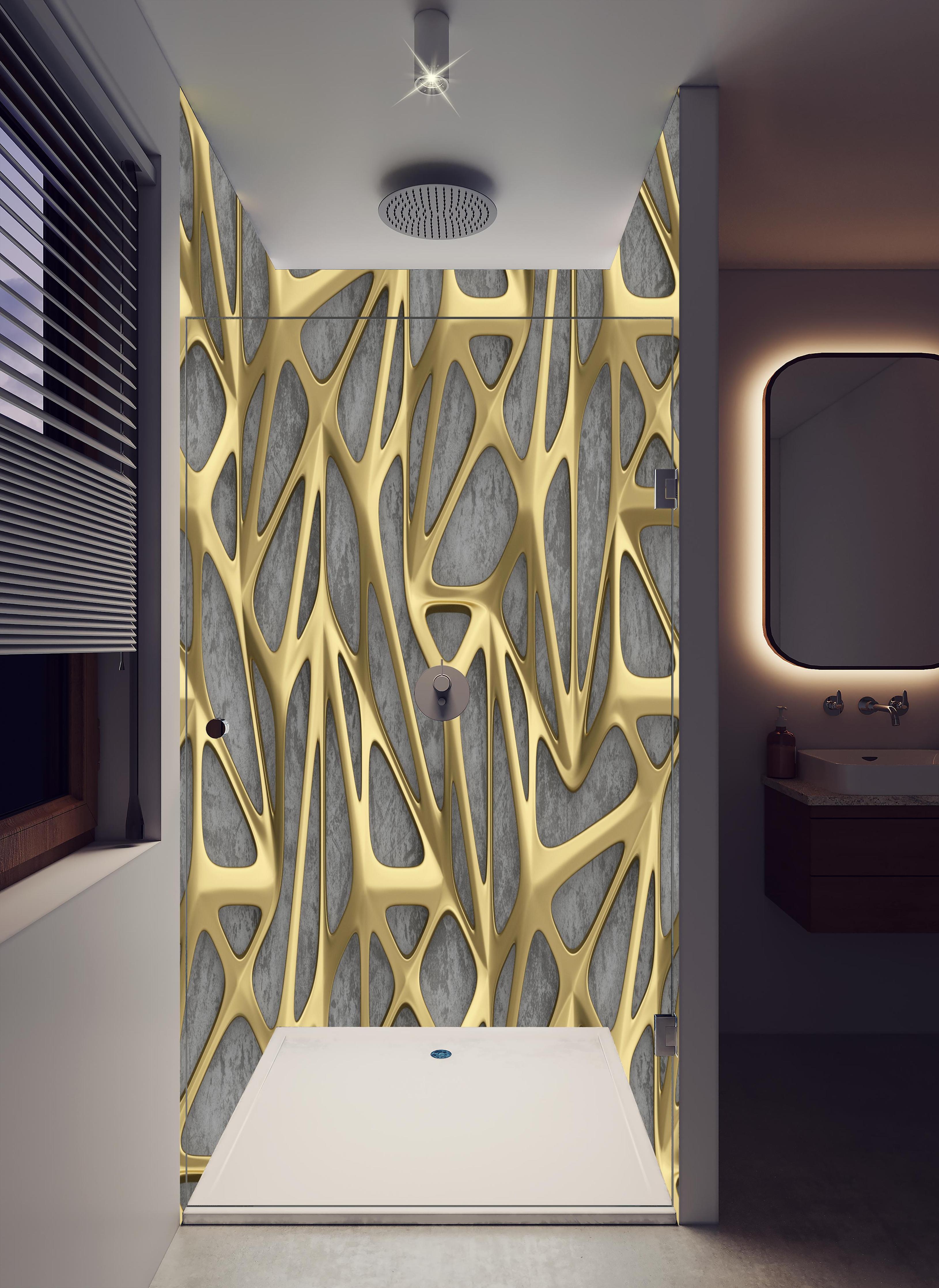 Duschrückwand - Goldenes Gitter Muster in hellem Badezimmer mit Regenduschkopf - zweiteilige Eck-Duschrückwand