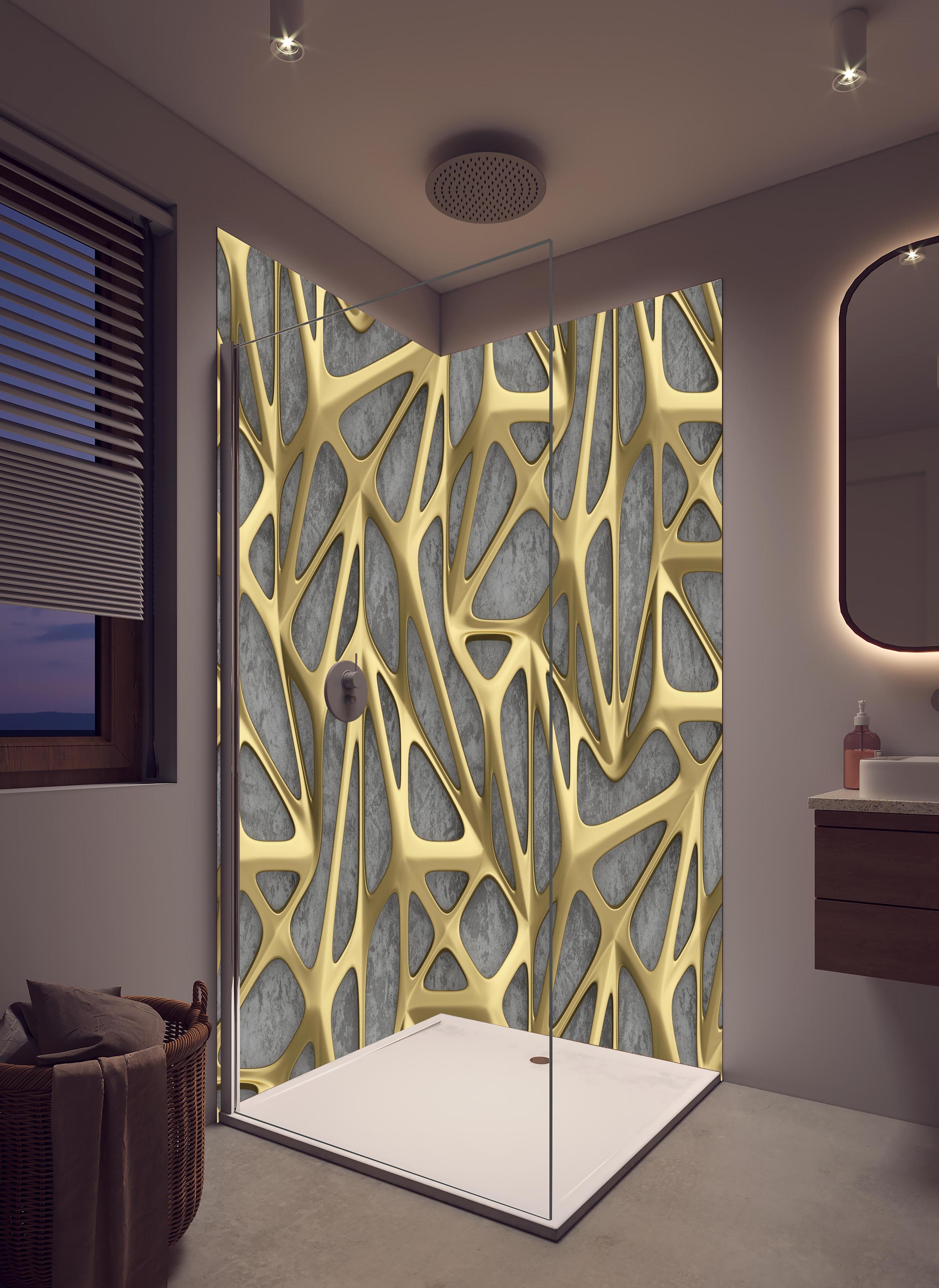 Duschrückwand - Goldenes Gitter Muster in hellem Badezimmer mit Regenduschkopf - zweiteilige Eck-Duschrückwand