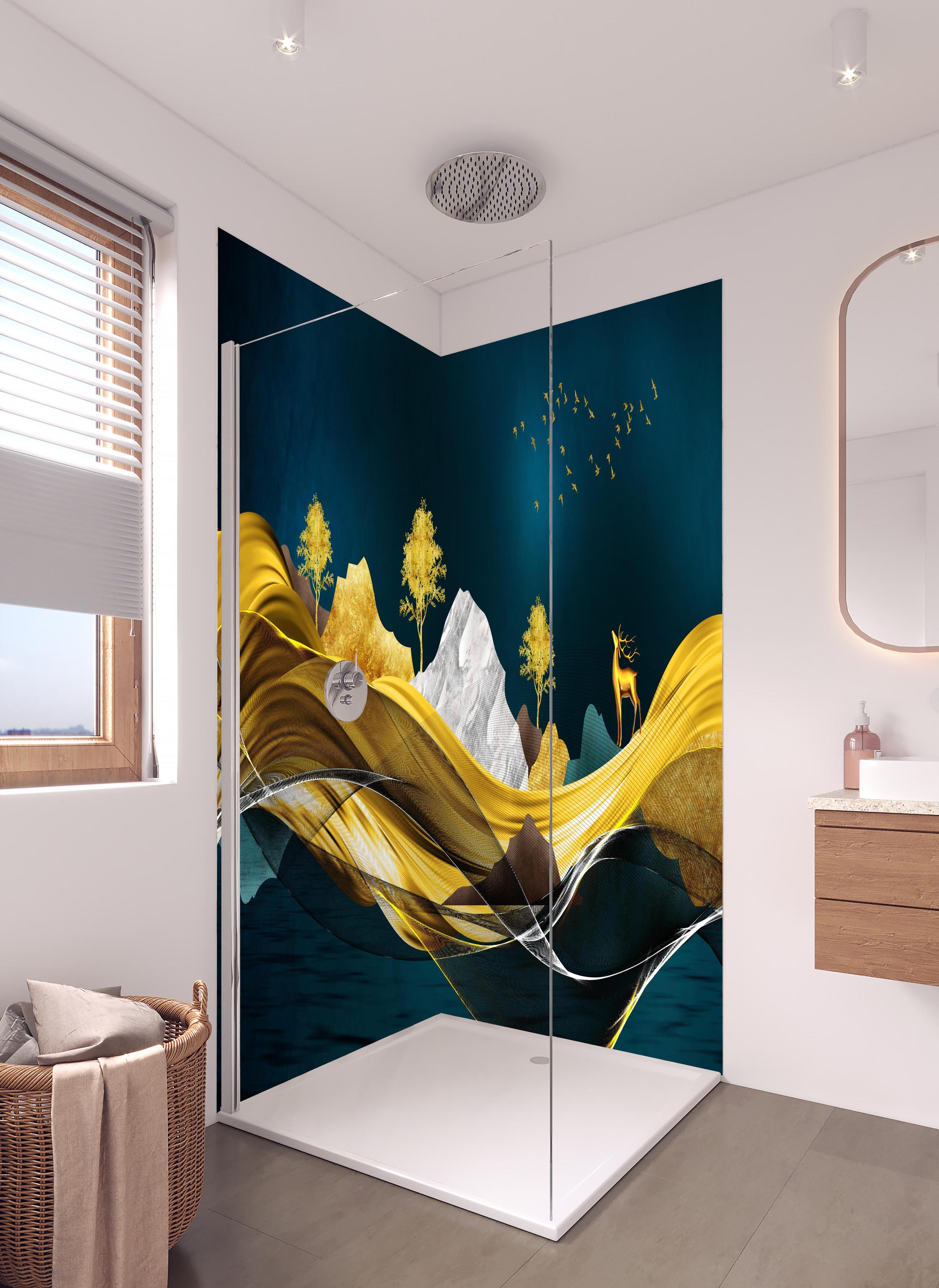 Duschrückwand - Goldenes Wellendesign - 3D in hellem Badezimmer mit Regenduschkopf - zweiteilige Eck-Duschrückwand