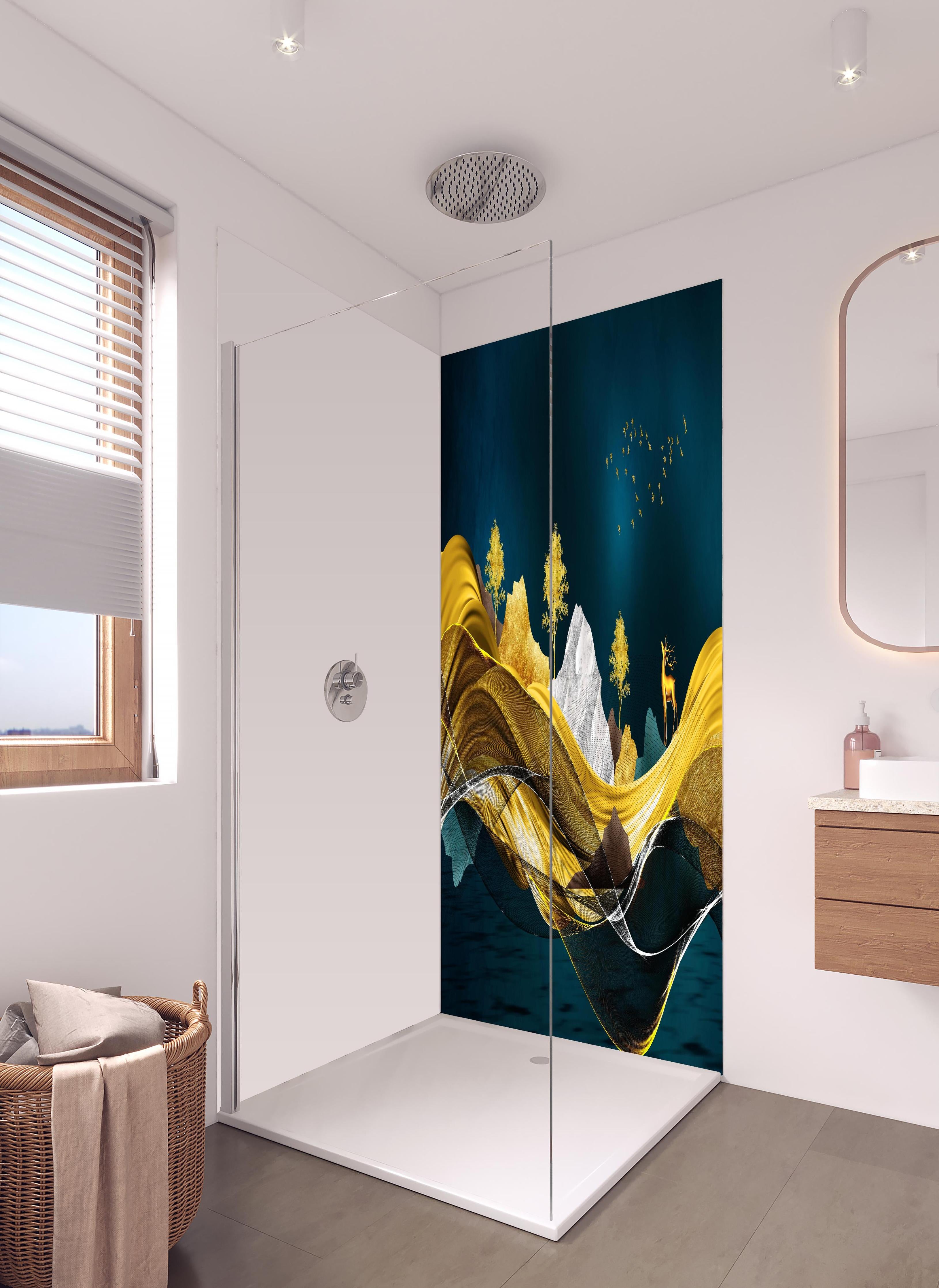 Duschrückwand - Goldenes Wellendesign - 3D in hellem Badezimmer mit Regenduschkopf - zweiteilige Eck-Duschrückwand