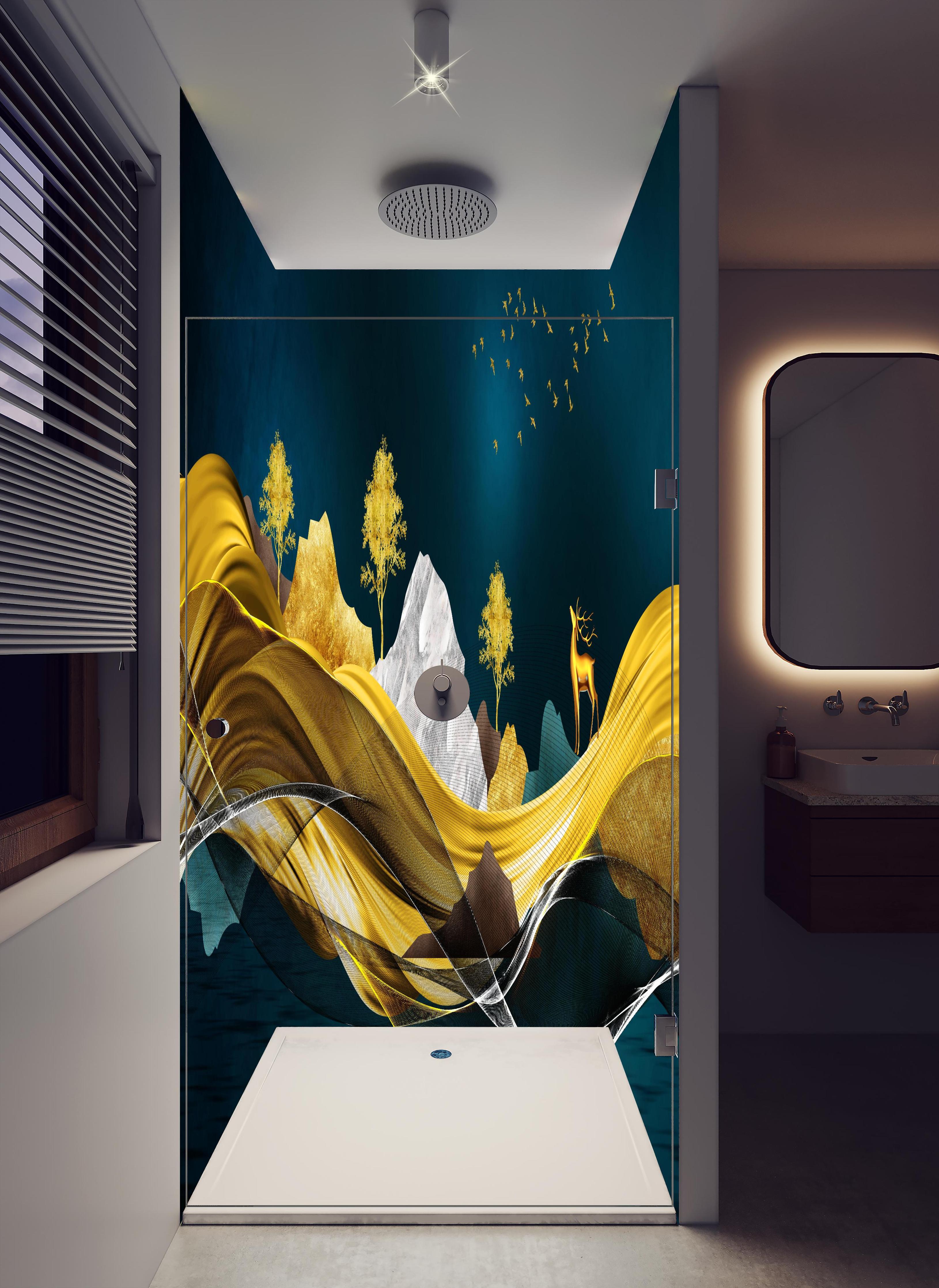 Duschrückwand - Goldenes Wellendesign - 3D in hellem Badezimmer mit Regenduschkopf - zweiteilige Eck-Duschrückwand