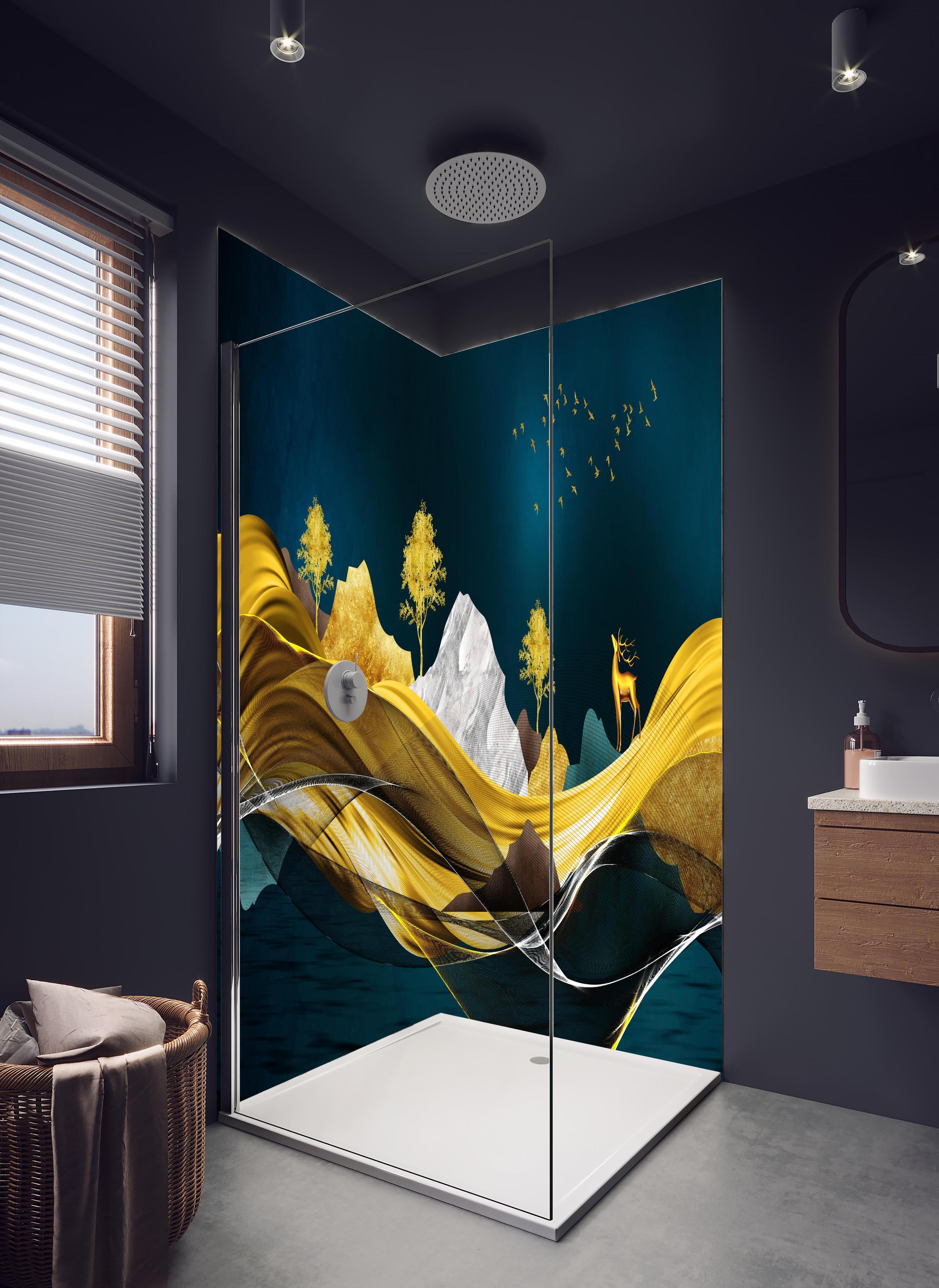 Duschrückwand - Goldenes Wellendesign - 3D in hellem Badezimmer mit Regenduschkopf - zweiteilige Eck-Duschrückwand