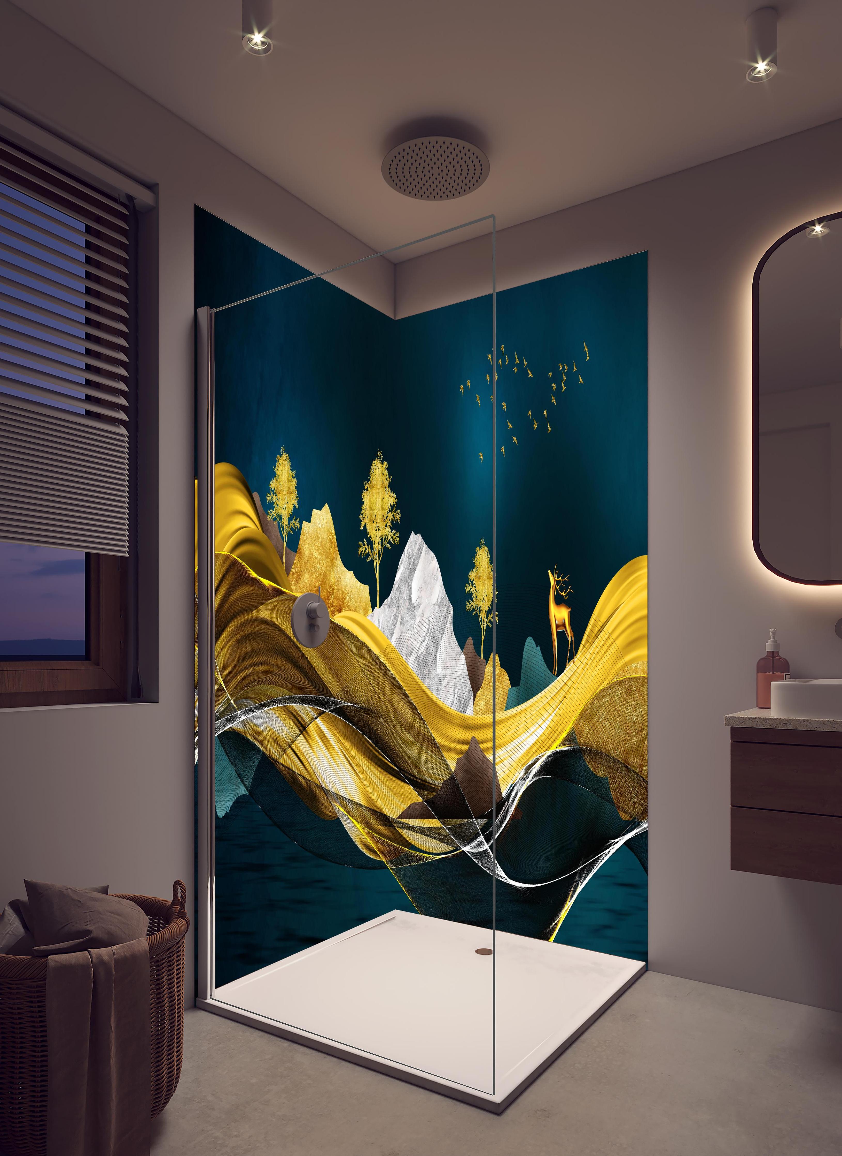 Duschrückwand - Goldenes Wellendesign - 3D in hellem Badezimmer mit Regenduschkopf - zweiteilige Eck-Duschrückwand