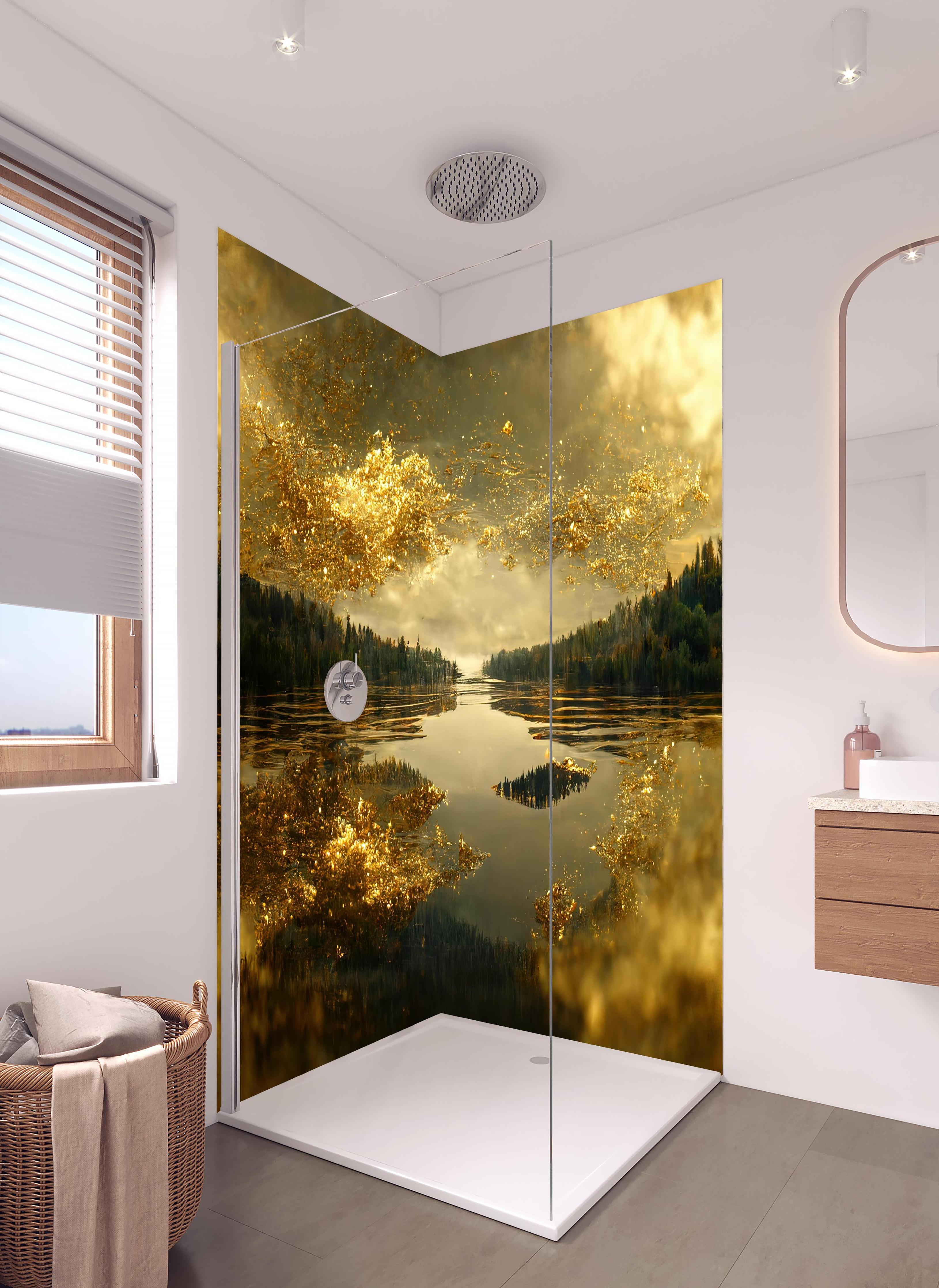 Duschrückwand - Goldstaub über Fluss in hellem Badezimmer mit Regenduschkopf - zweiteilige Eck-Duschrückwand