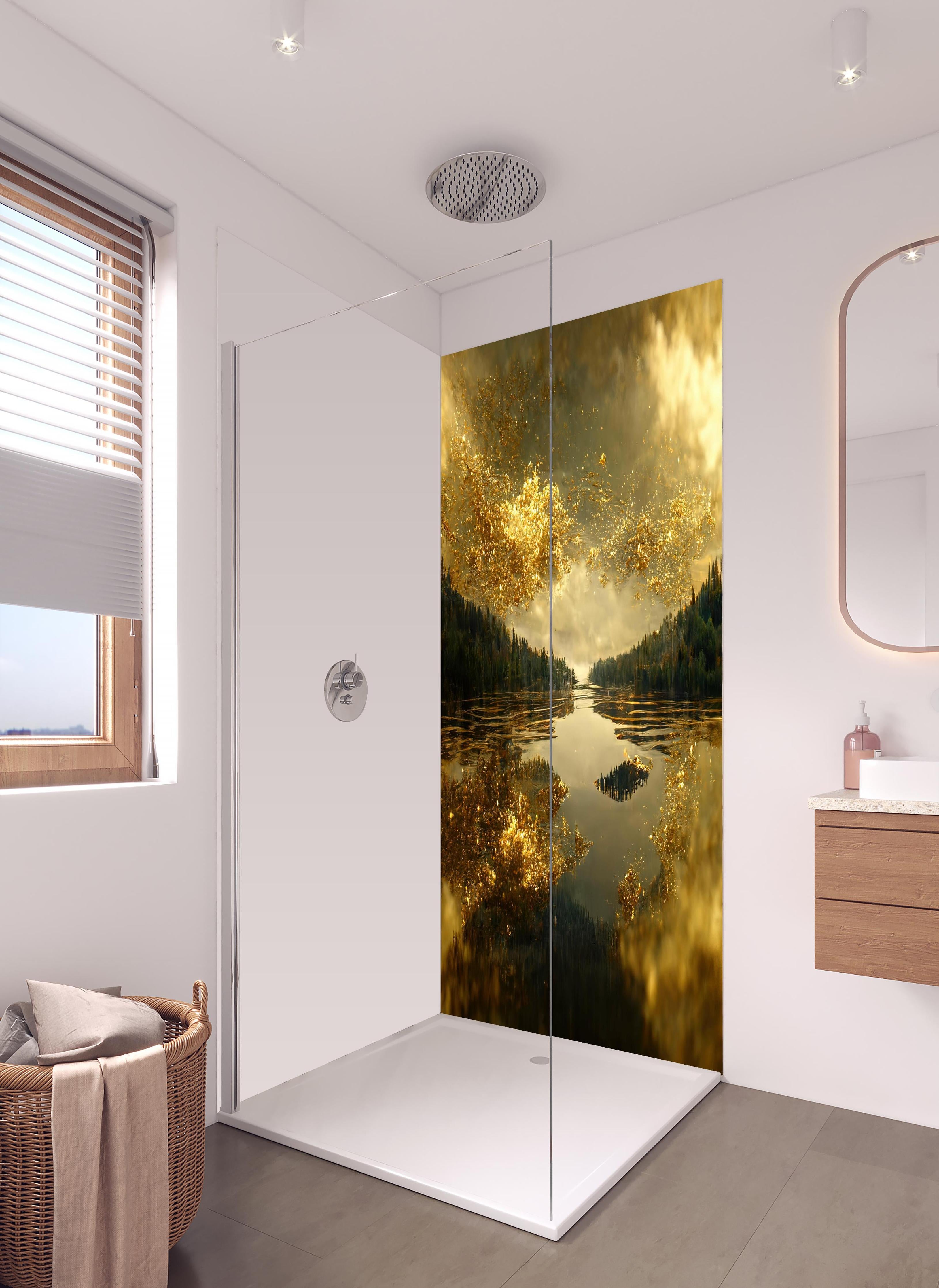 Duschrückwand - Goldstaub über Fluss in hellem Badezimmer mit Regenduschkopf - zweiteilige Eck-Duschrückwand