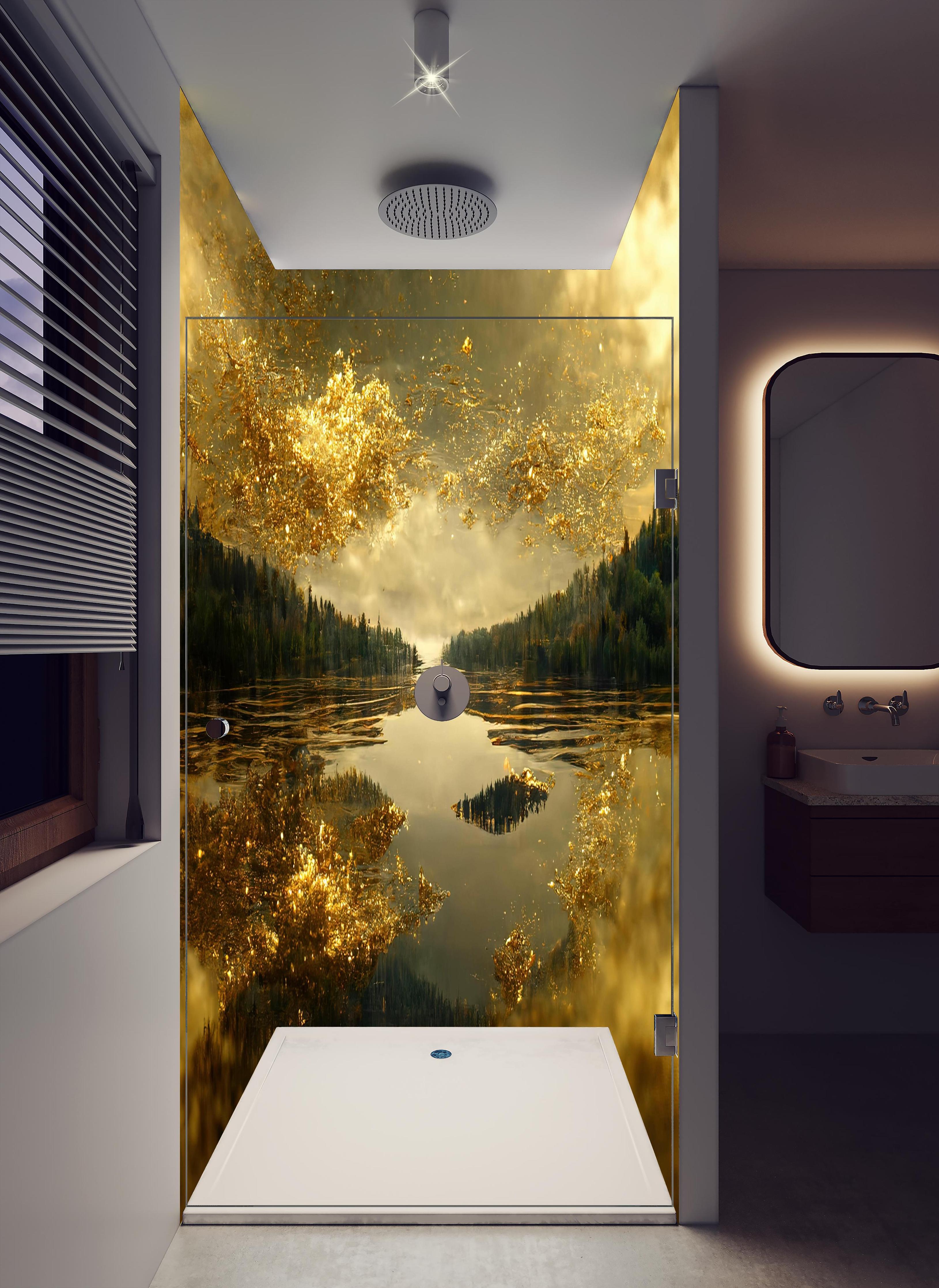 Duschrückwand - Goldstaub über Fluss in hellem Badezimmer mit Regenduschkopf - zweiteilige Eck-Duschrückwand