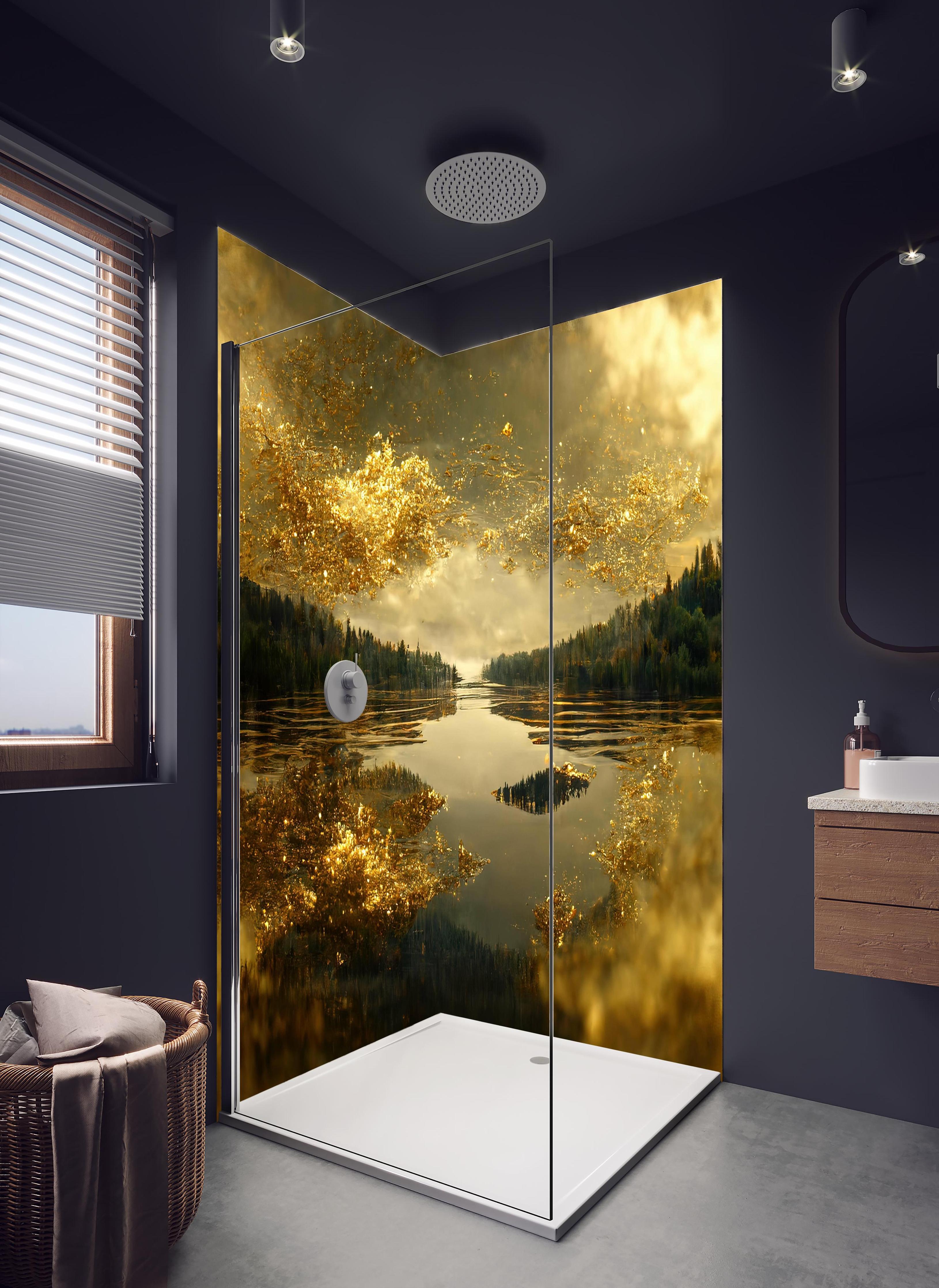 Duschrückwand - Goldstaub über Fluss in hellem Badezimmer mit Regenduschkopf - zweiteilige Eck-Duschrückwand