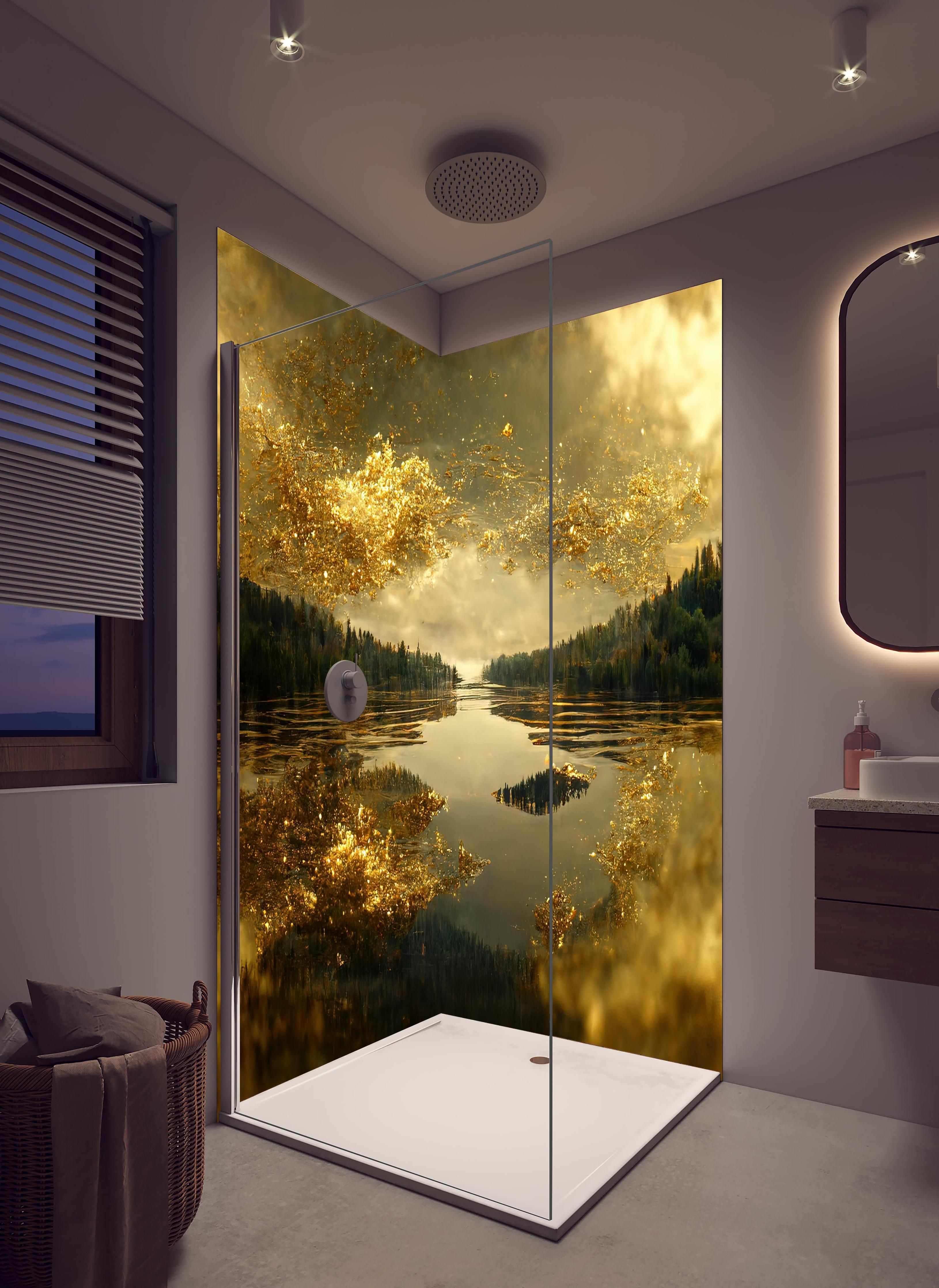 Duschrückwand - Goldstaub über Fluss in hellem Badezimmer mit Regenduschkopf - zweiteilige Eck-Duschrückwand