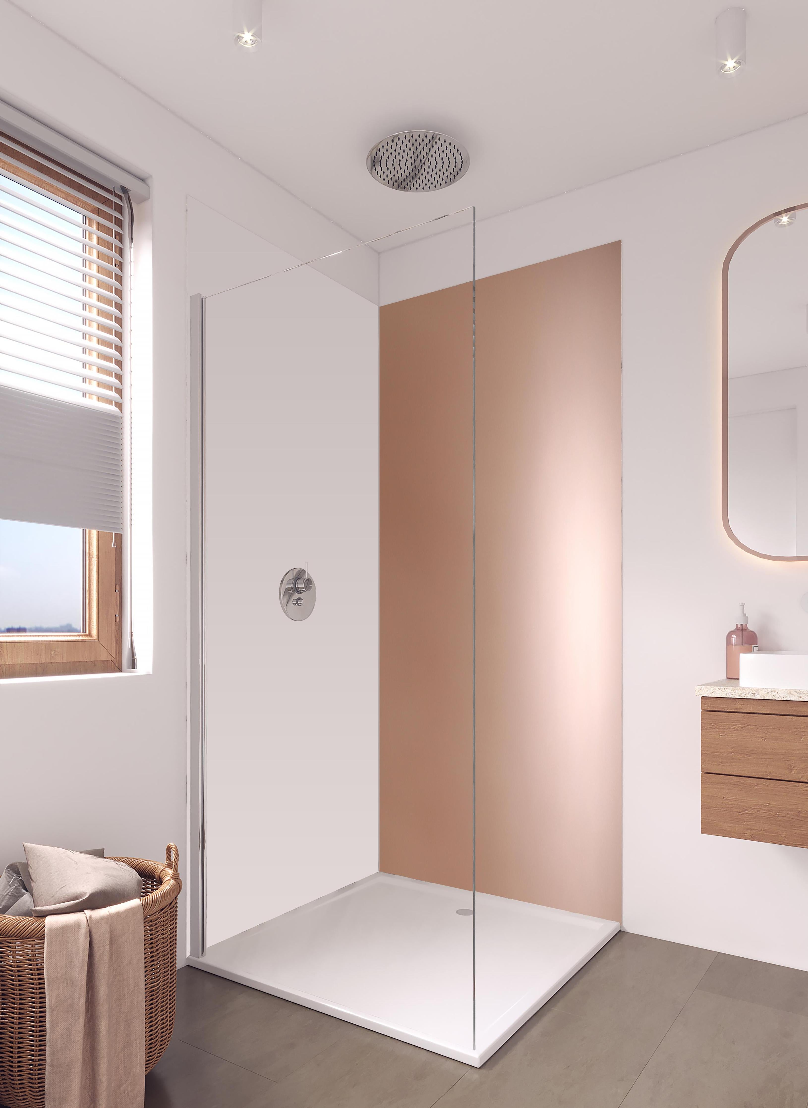 Duschrückwand - Gradient Rose - Hintergrundtextur in hellem Badezimmer mit Regenduschkopf - zweiteilige Eck-Duschrückwand