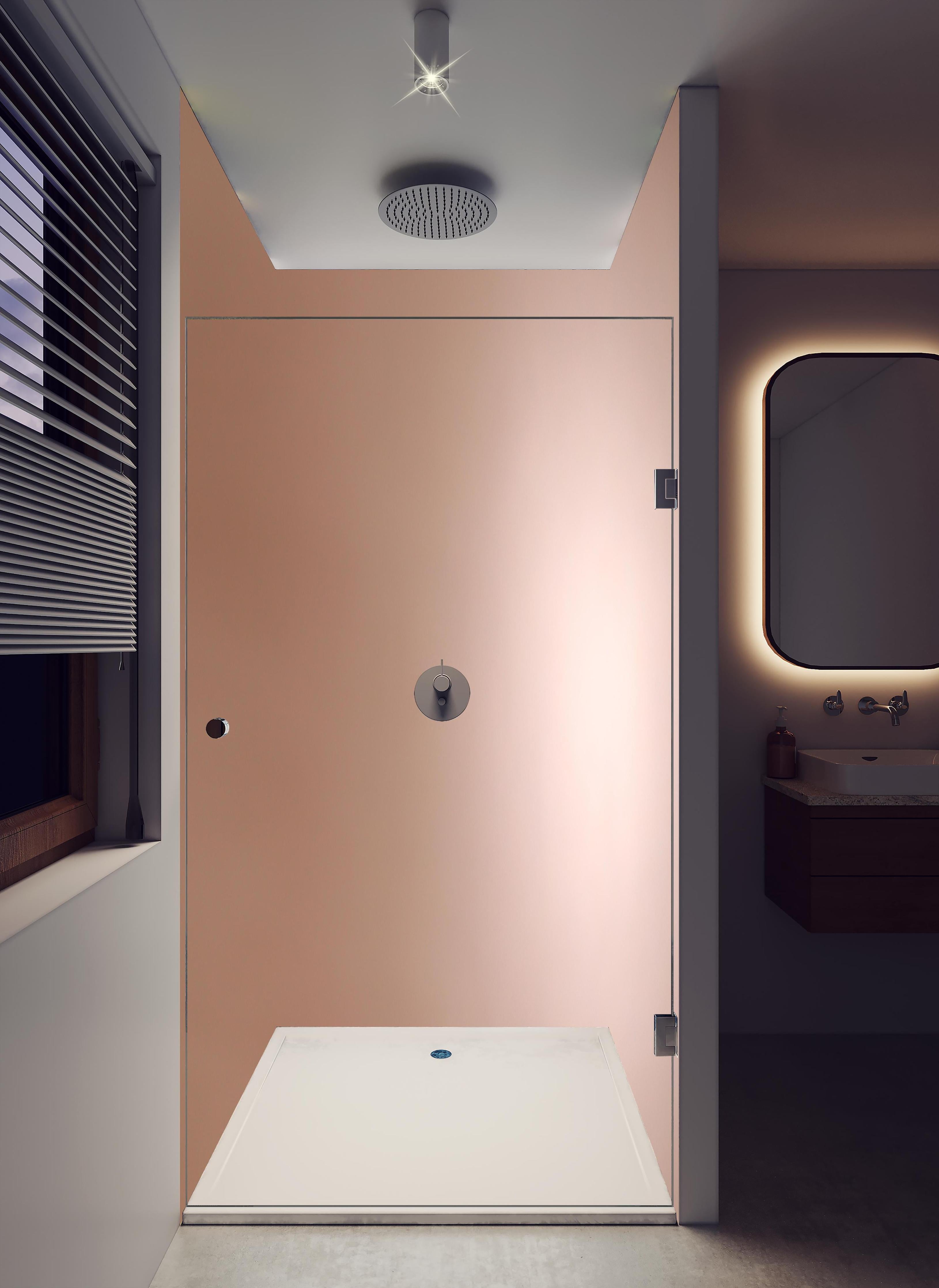Duschrückwand - Gradient Rose - Hintergrundtextur in hellem Badezimmer mit Regenduschkopf - zweiteilige Eck-Duschrückwand